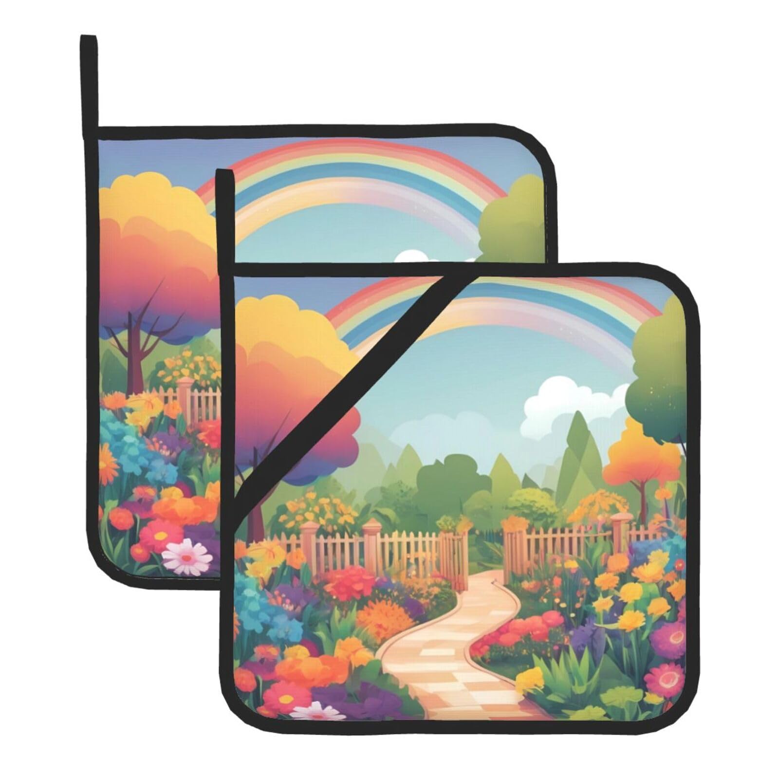 HJFCZH Rainbow Garden Printed Square Insulated Pot Mat Set (2-Piece) 8x8in Waterproof, Thickened & Easy to Clean with Lanyard Design for Kitchen, Oven & BBQ