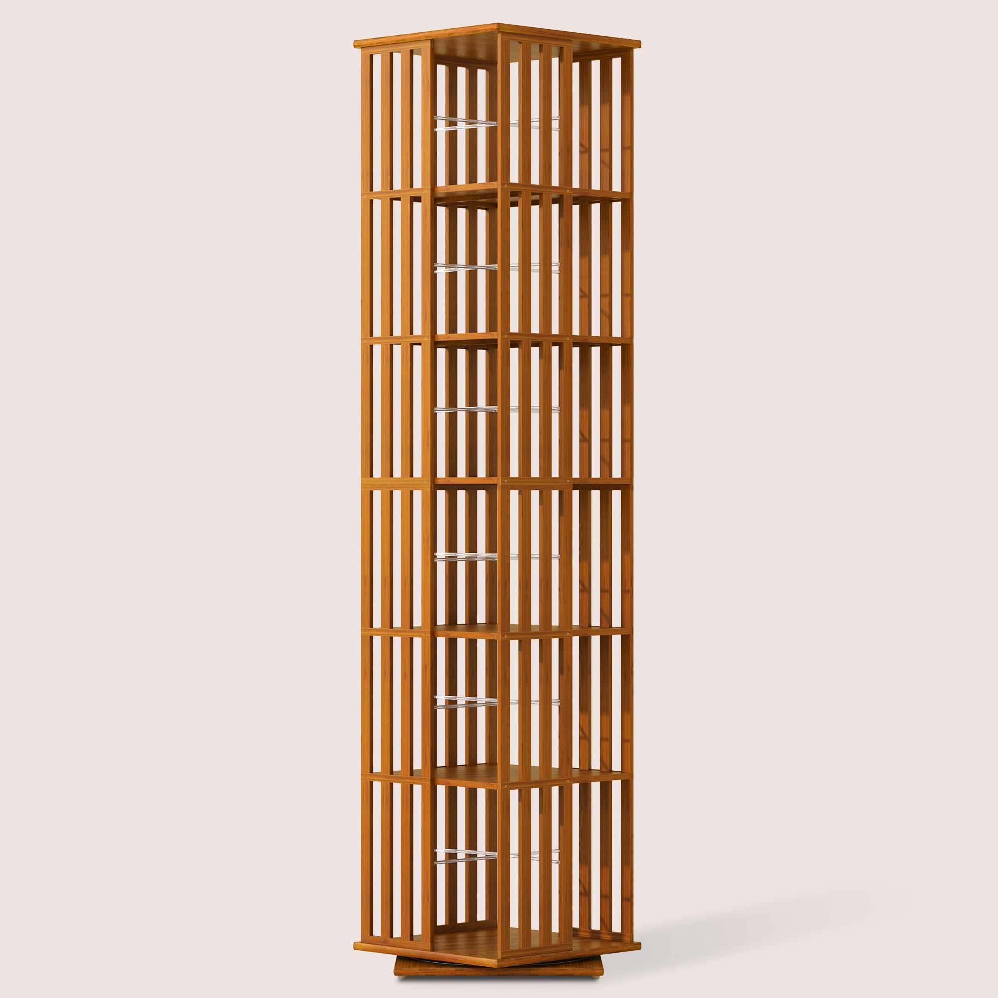 XIMN Rotating Bookshelf Tower, 360° Spinning Bookcase Space-Saving Bamboo 6 Tier Tall DVD Storage Organizer for Living Room, Multi-Functional Display