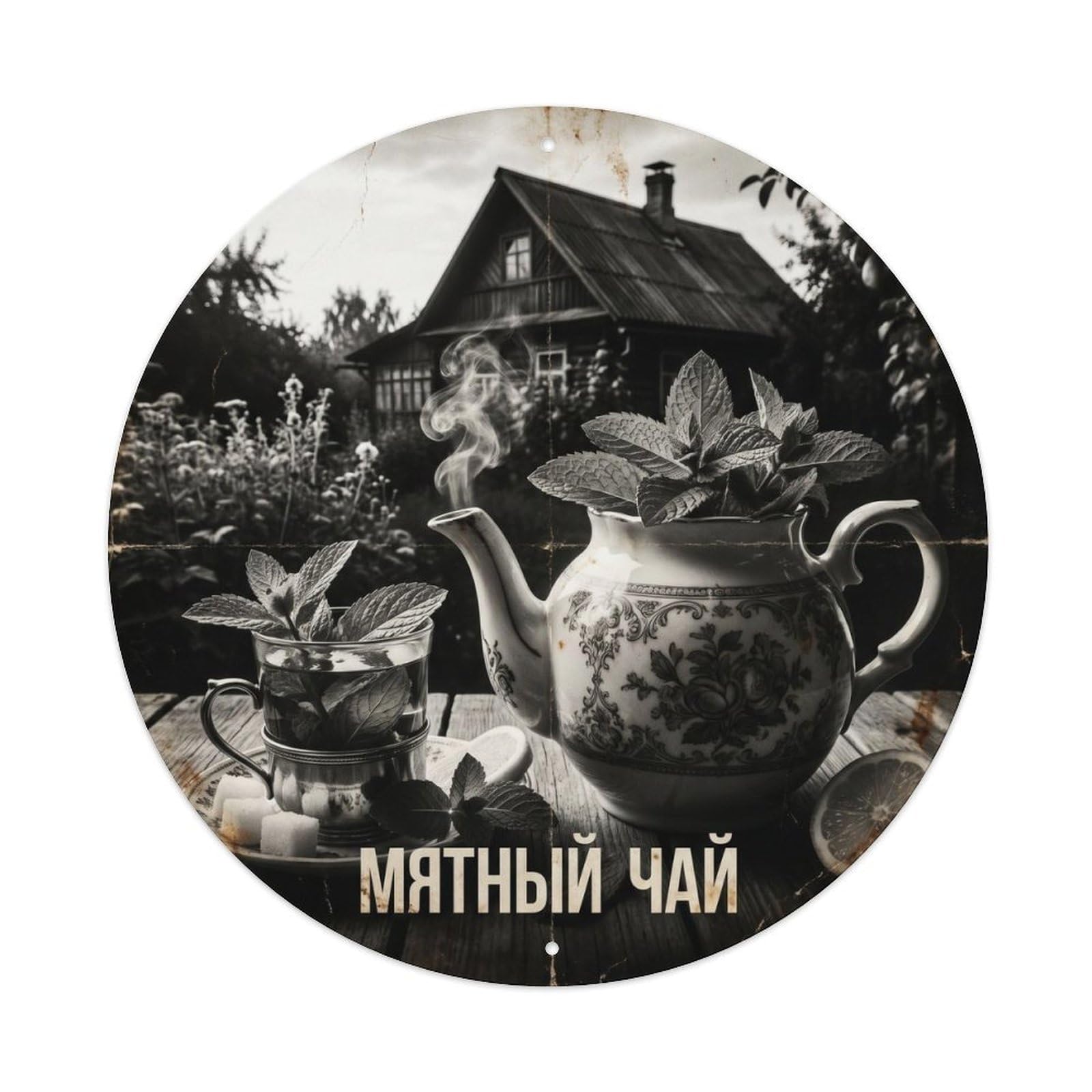 Tea Cup Infusion Vintage Monochrome Russian Culture Metal Tin Sign