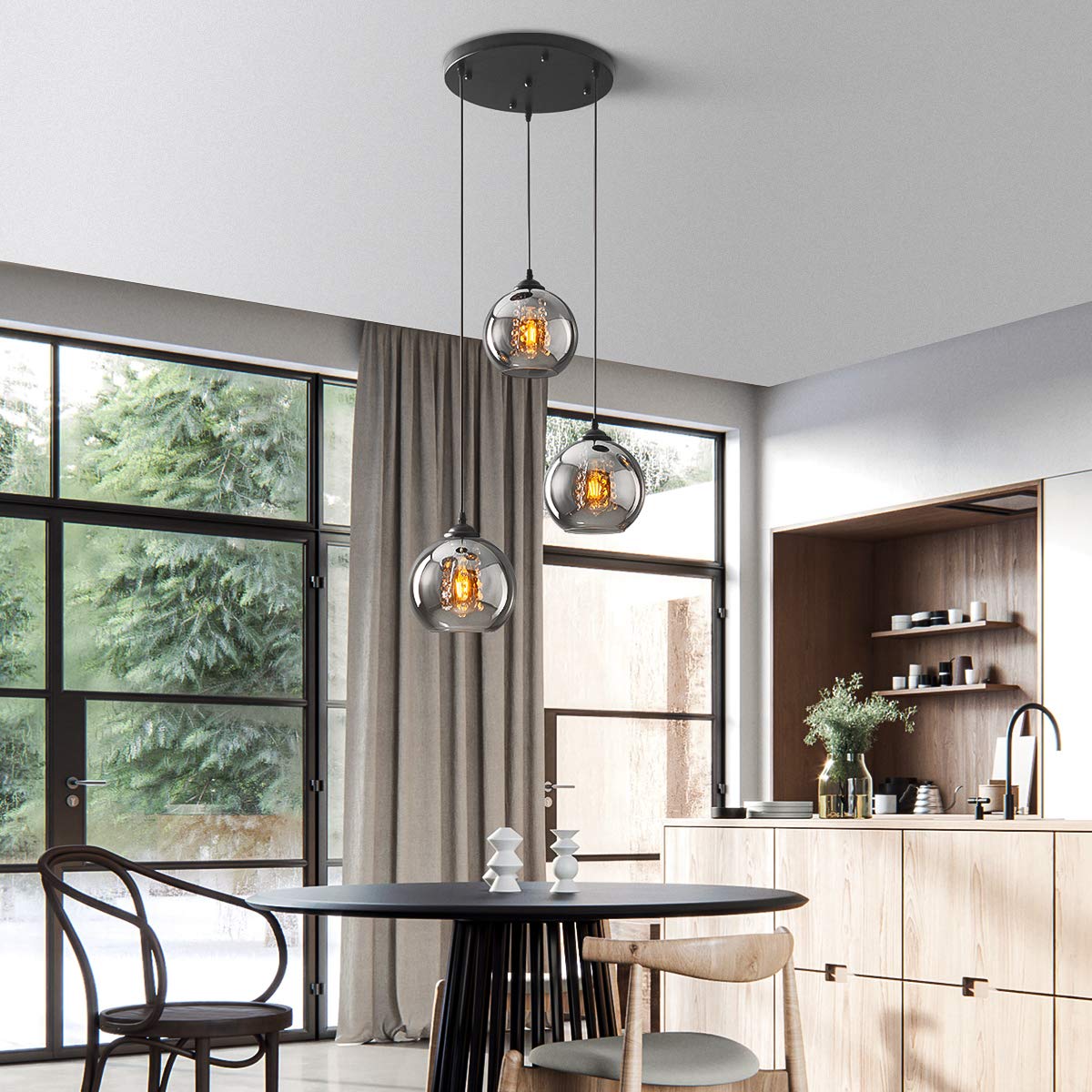 H.W.S LáMpara Colgante De Cristal DiseñO Bola Moderna Creativa DecoracióN Interior Ajustable En Altura Luminaria Sala Estar (Smoky gray, 3 flamming round)