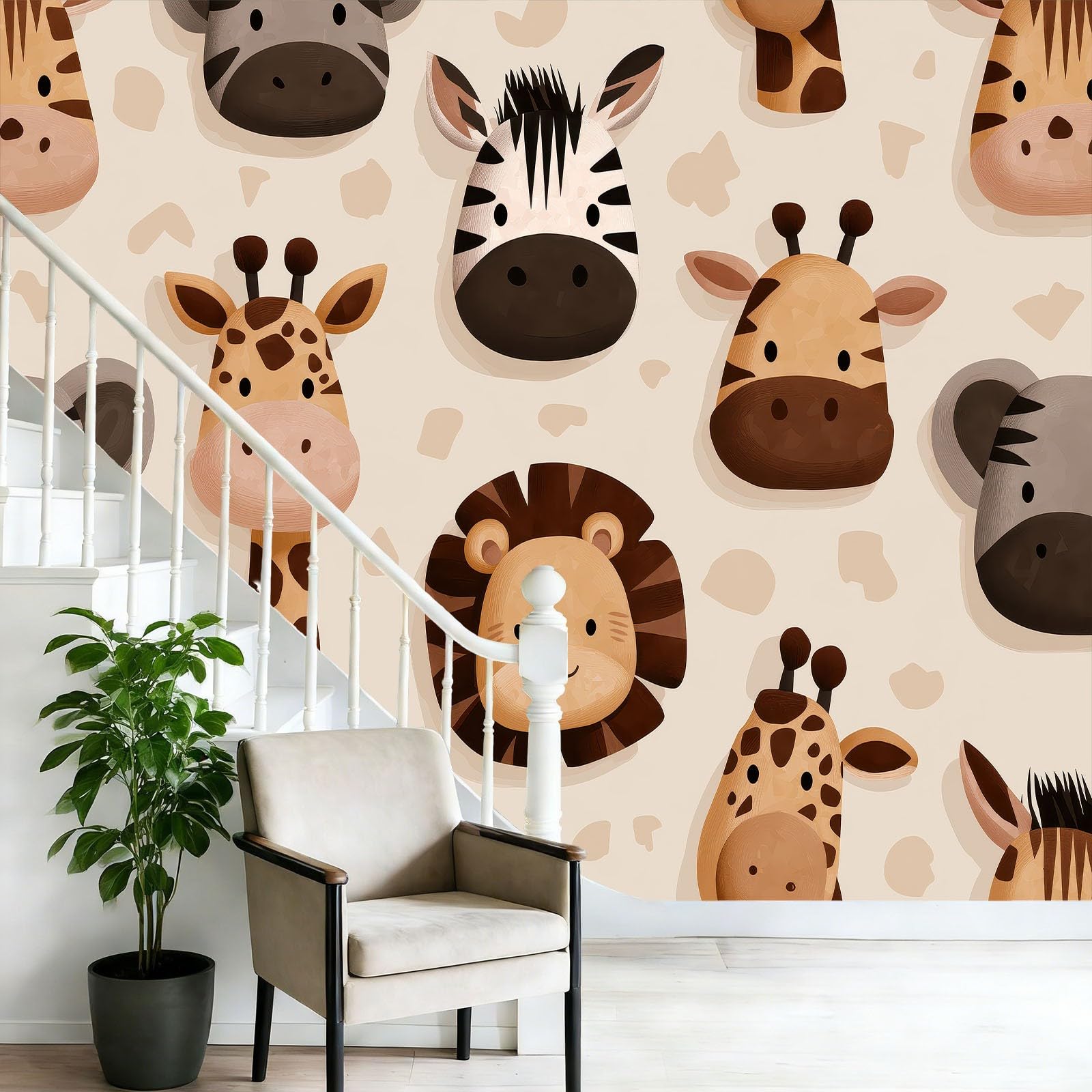 Fototapeta 3D Kreskówka Zwierzęta Żyrafy Lwy Wzór - Brązowy Pomarańczowy Nowoczesna Dekoracyjna Tapeta Ścienna Fototapeta 400 x 280 cm Wystrój Domu