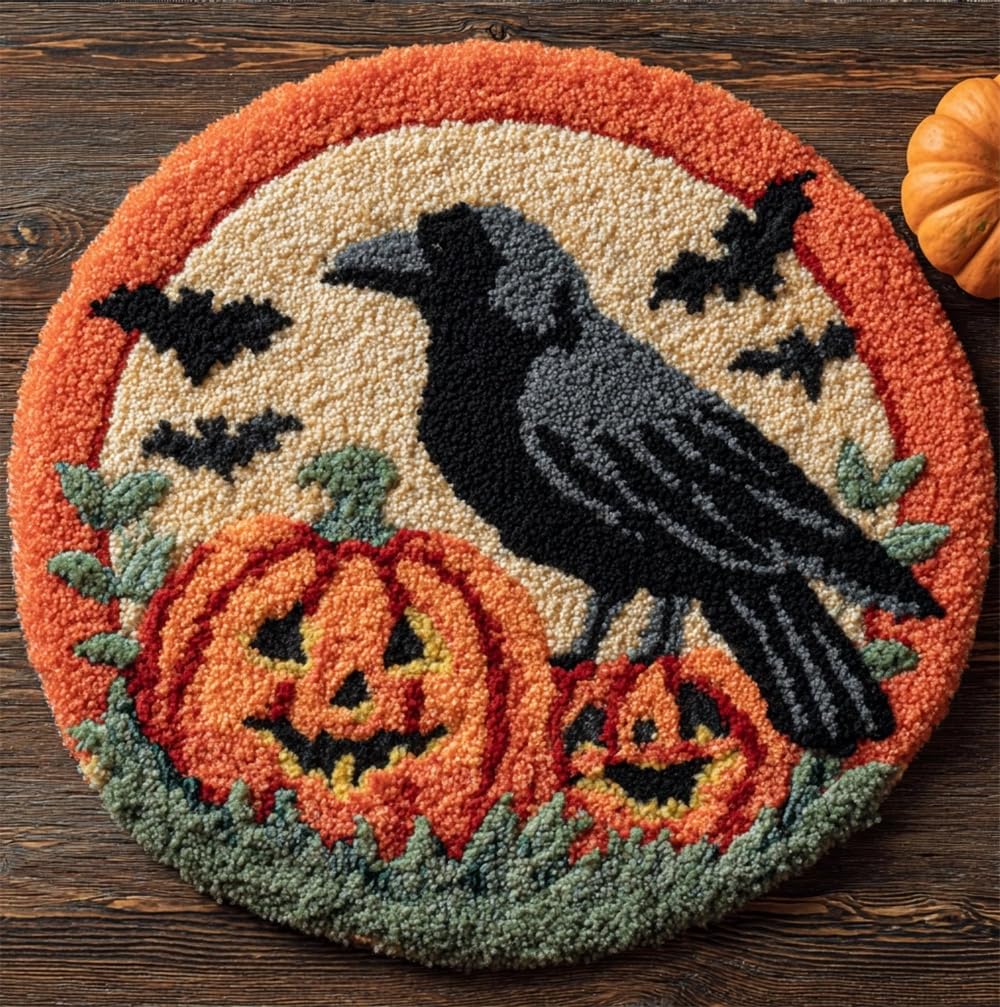 kitphoenix Rug DIY Crafts Yarn Carpet Round Shape Crow and Pumpkin Halloween 20X20Inch (50X50Cm) Latch Hook Rug Crochet Kits for Beginners Adults