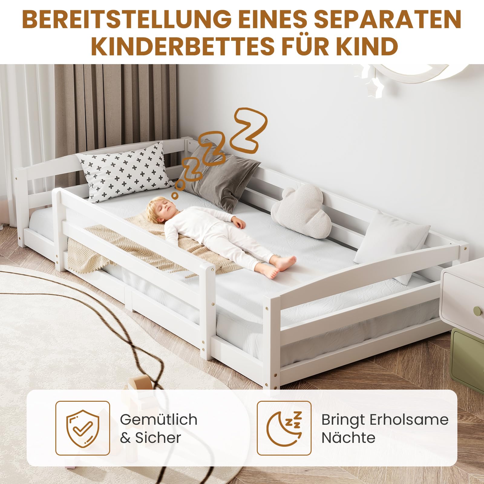 Bodenbett 90x200cm Montessori Kinderbett mit Rausfallschutz & Lattenrost Kiefer Massivholz bis 100 kg belastbar für Jungen Mädchen Kinder Bett