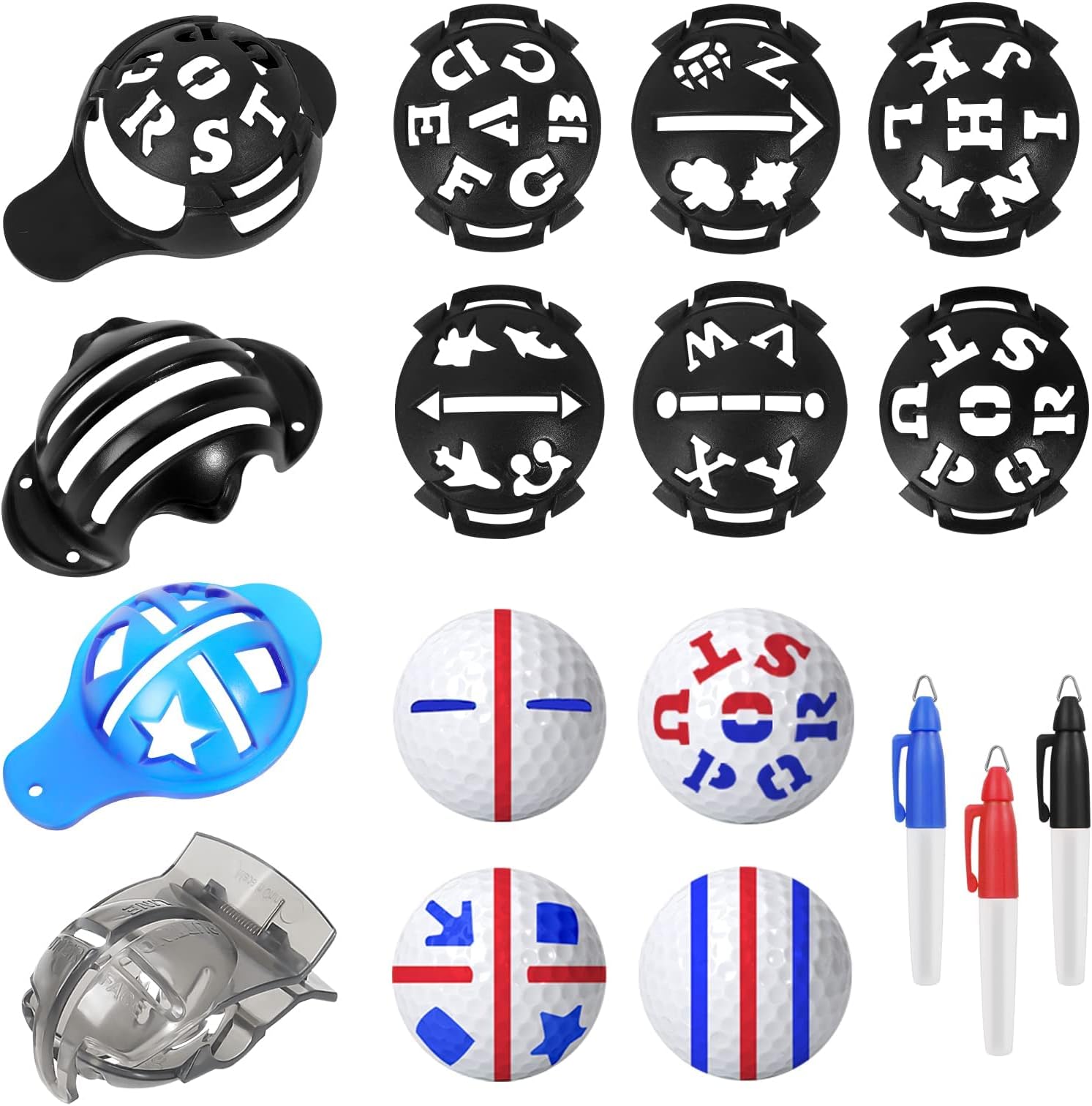 12 Pcs Precision Golf Ball Marker, Including 3 Golf Ball Marking Stencils, 6 Letter and Pattern Template, 3 Colors Golf Ball Markers, Golf Ball Line Marking Tool Kit, Alignment Identification Tool