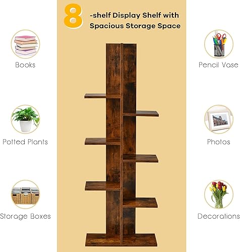 Miniatura 6 de IFANNY - Estantería de 8 estantes, estantería abierta simétrica de madera, organizador de libros artísticos, estante de almacenamiento que ahorra