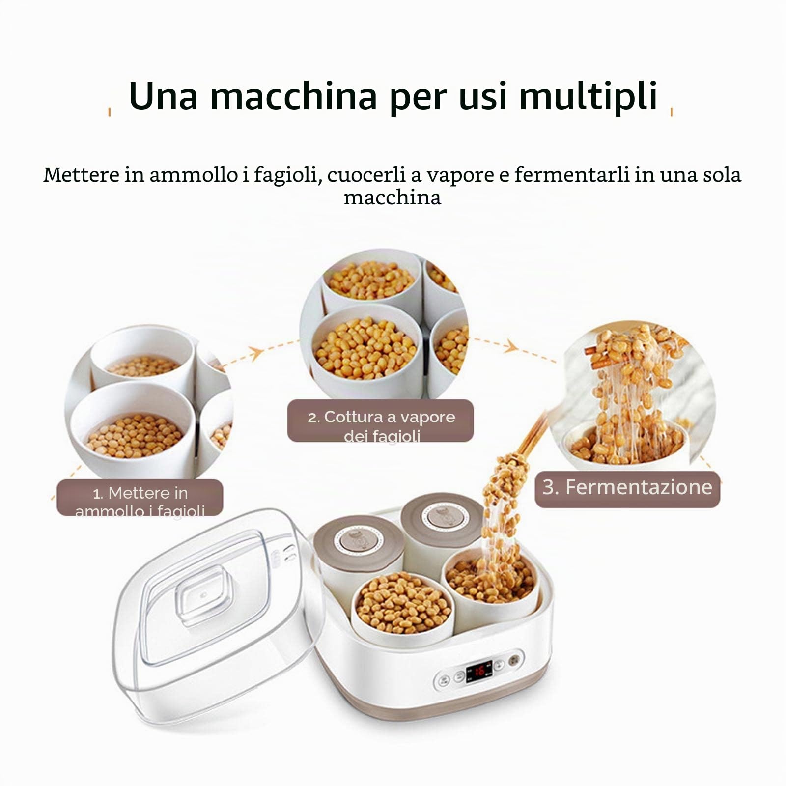 Tempeh, macchina per yogurt e natto con contenitore in ceramica, apparecchio intelligente per stufato a vapore da 1,5 l per una perfetta fermentazione in cucina
