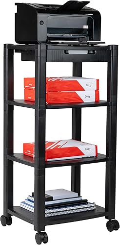 Mind Reader PRCARTLG-BLK - Carrito de impresora 4, soporte con ruedas, cajón, gestión de cables, papel de oficina, organización de estantes,