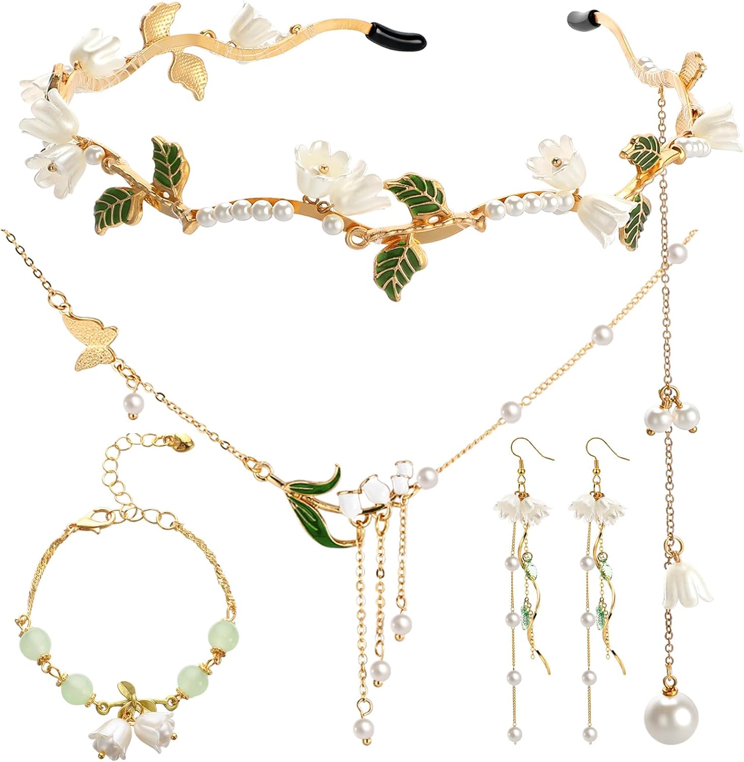 Quelay 4 Pcs Lily of the Valley Fairy Jewelry Set Flower Necklace Bracelet Renaissance Earrings Headband Floral Headdress