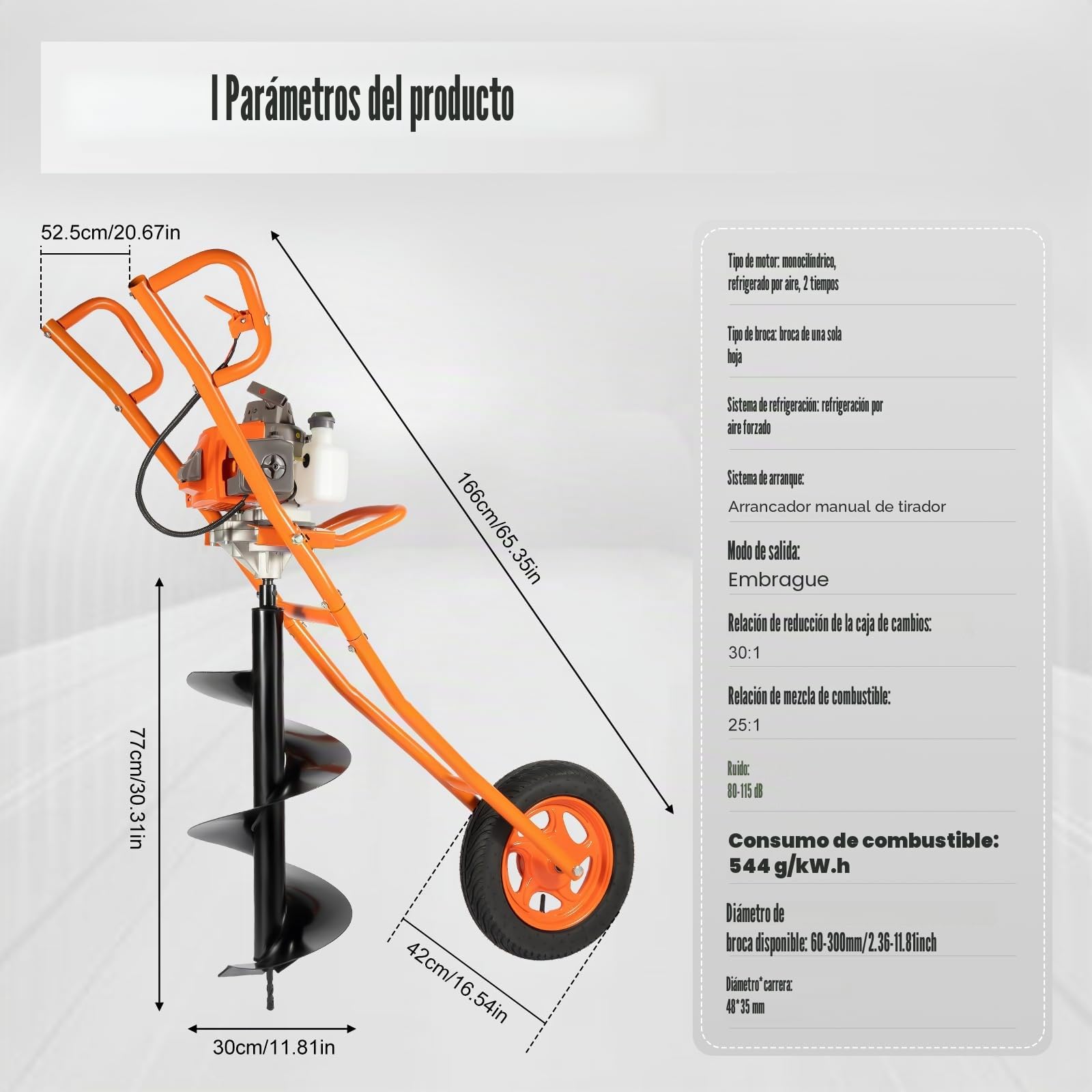 Ahoyadora Gasolina 63,3 cc con Rueda y Broca de 300 mm, 2 Tiempos | Potencia de 2,2 kW, Hasta 8800 rpm, Depósito de 1,3 L, Arranque Manual y Transmisión 30:1 para Plantar y Colocar Postes