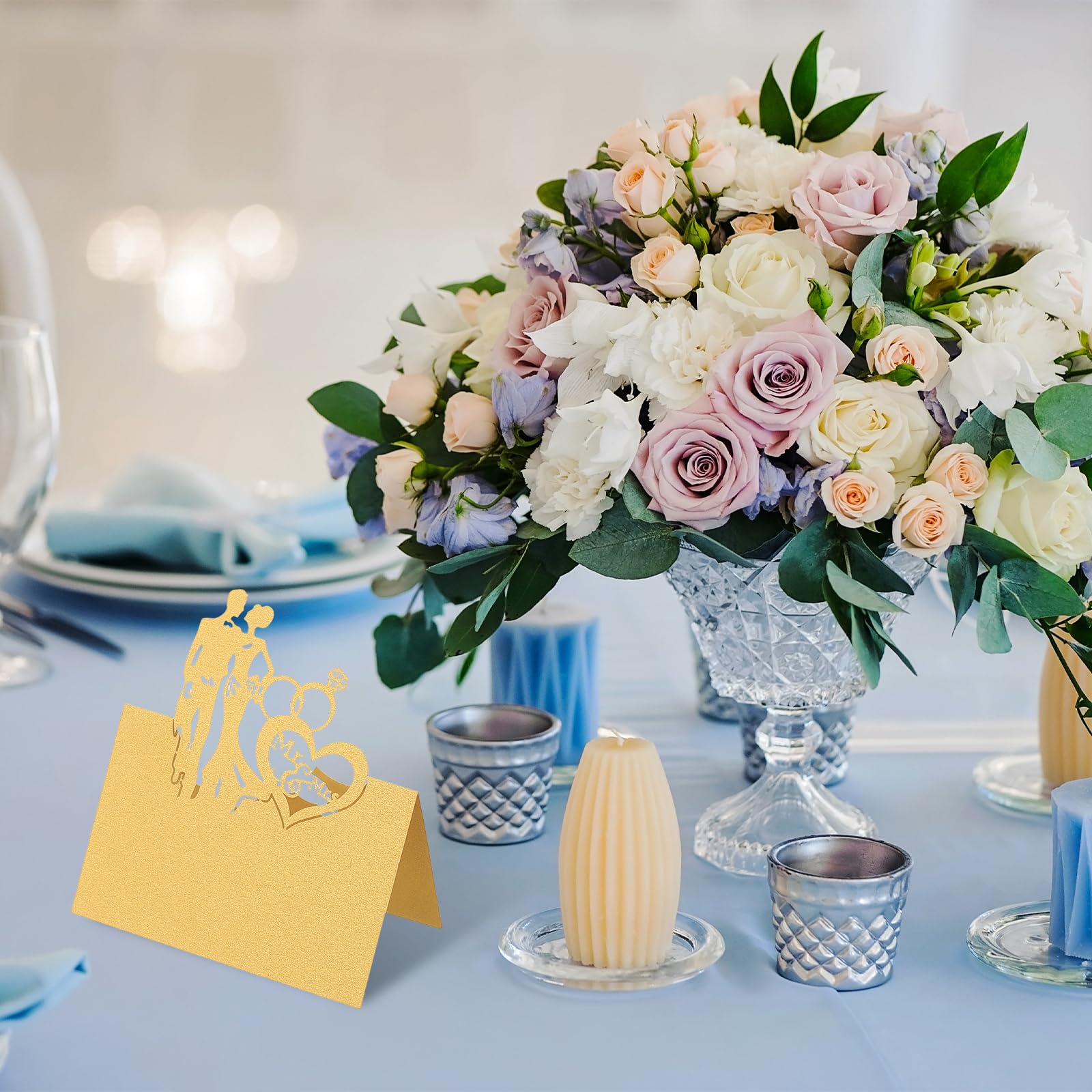 PATIKIL 50Pz Segnaposto per Matrimonio, Cartellini Segnaposto Comunione Eleganti Forma Tenda Cavi Traforati Laser Pieghevole per Allestimento Tavolo Buffet Ricevimento, Oro