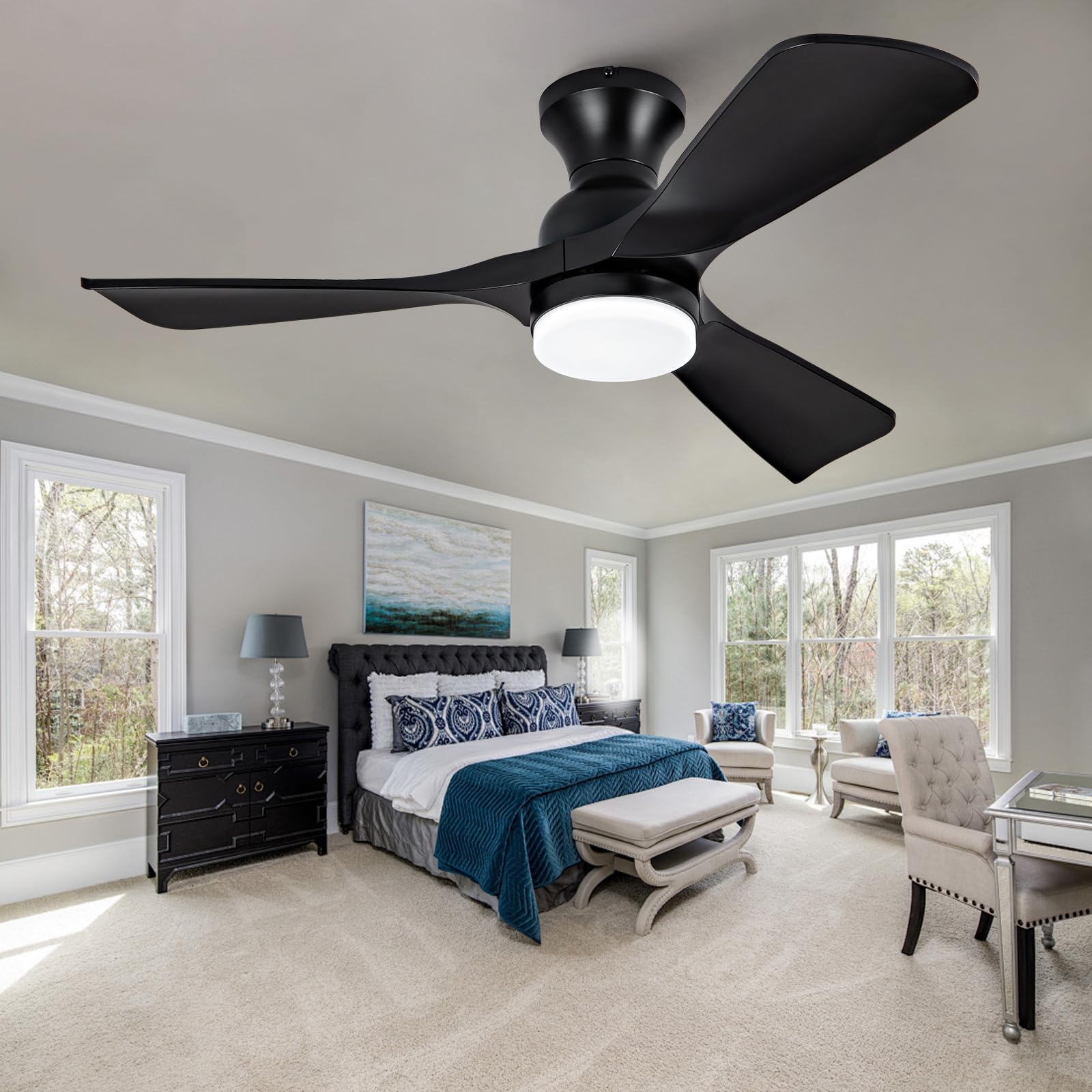 7P 20-Inch Low Profile Flush ount Ceiling Fan with Reote Control LED Light in Black Finish
