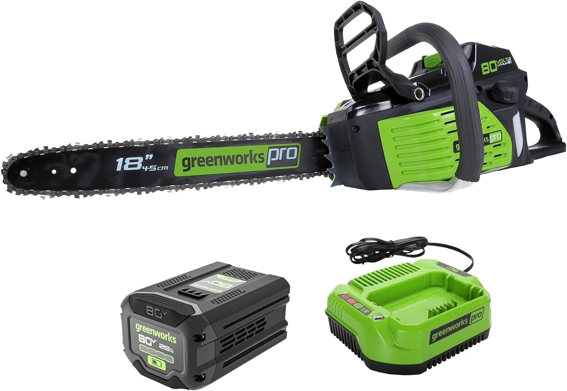 Greenworks 80V 18" Brushless Cordless Chainsaw (Great For Tree Felling, Limbing, Pruning, and Firewood) / 75+ Compatible Tools), 2.0Ah Battery and Rapid Charger Included