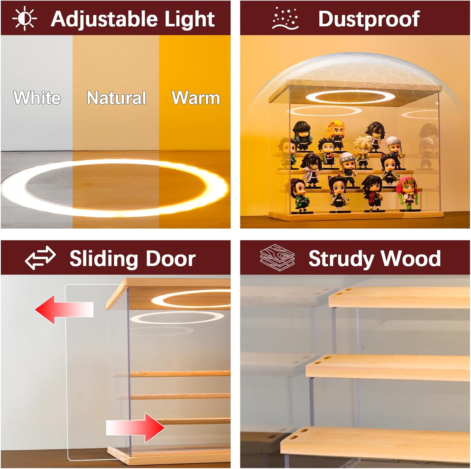 Acrylic Display Case with Adjustable LED Light, 5 Tier Clear Display Box Dustproof Showcase for Action Figures, Collectibles and Mini Toys, Assembly Display Cabinet(Wood 12.5×12.2×11.8in)