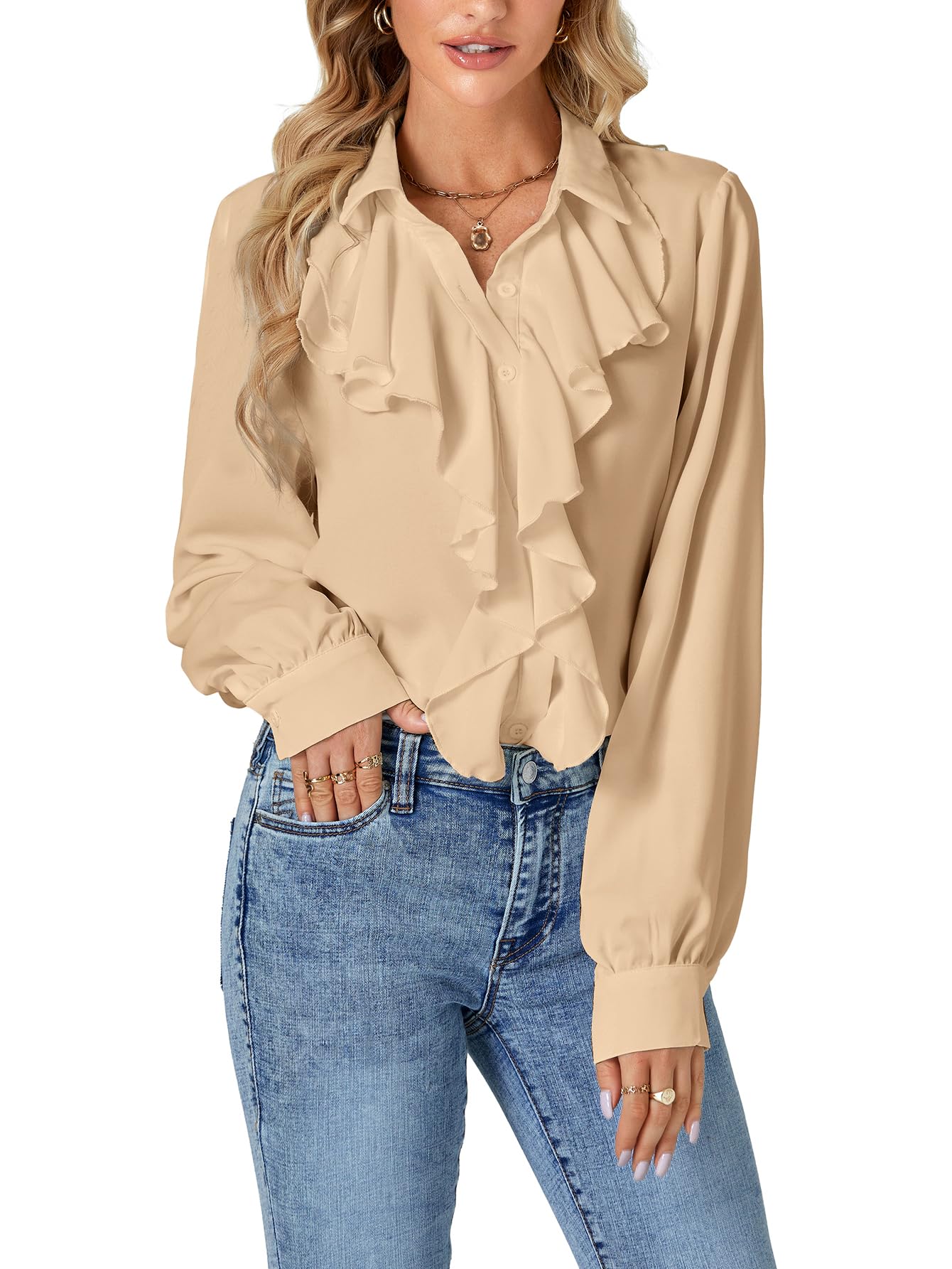 LYANERWomen's Dressy Ruffle Blouse Long Sleeve Collar Neck Button Down Victorian Shirt Tops