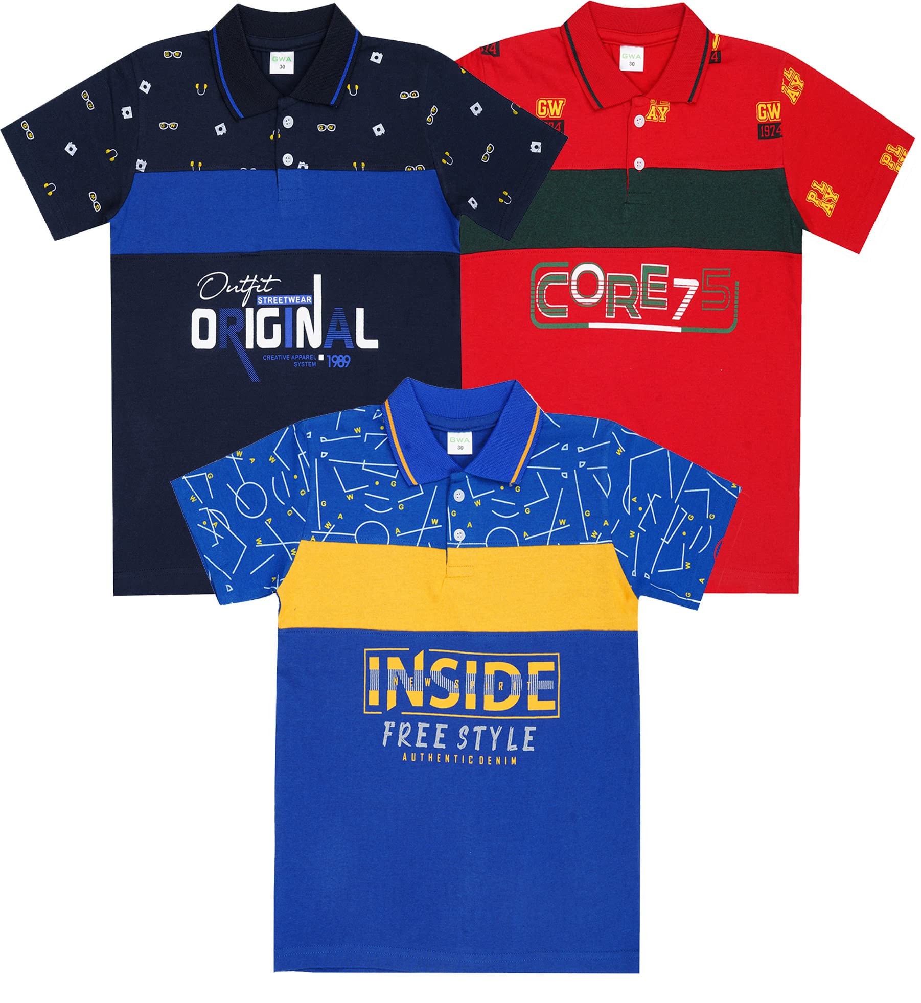 GWA Boys CutPanel Halfsleeve Collar Tshirts (Pack of 3)