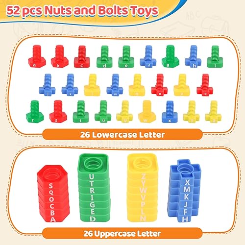Miniatura 4 de ABC Letters Matching Games - Juguete de aprendizaje del alfabeto para niños pequeños: 52 piezas de tuercas y tornillos, juguetes de motricidad fina,