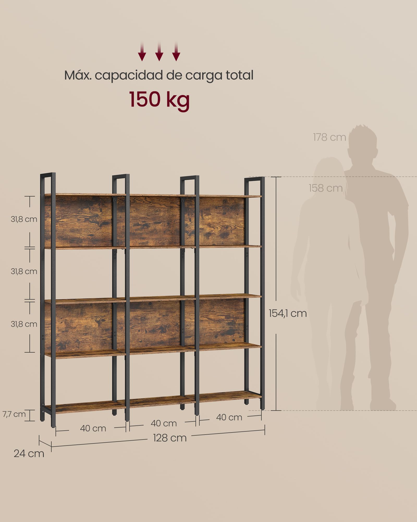 VASAGLE Librería, Estantería de 5 Niveles, Muble de Cocina, Organizador de Estilo Industrial, para Oficina, Salón, Dormitorio, 24 x 128 x 154,1 cm, Marrón Rústico y Negro Tinta LLS150K01