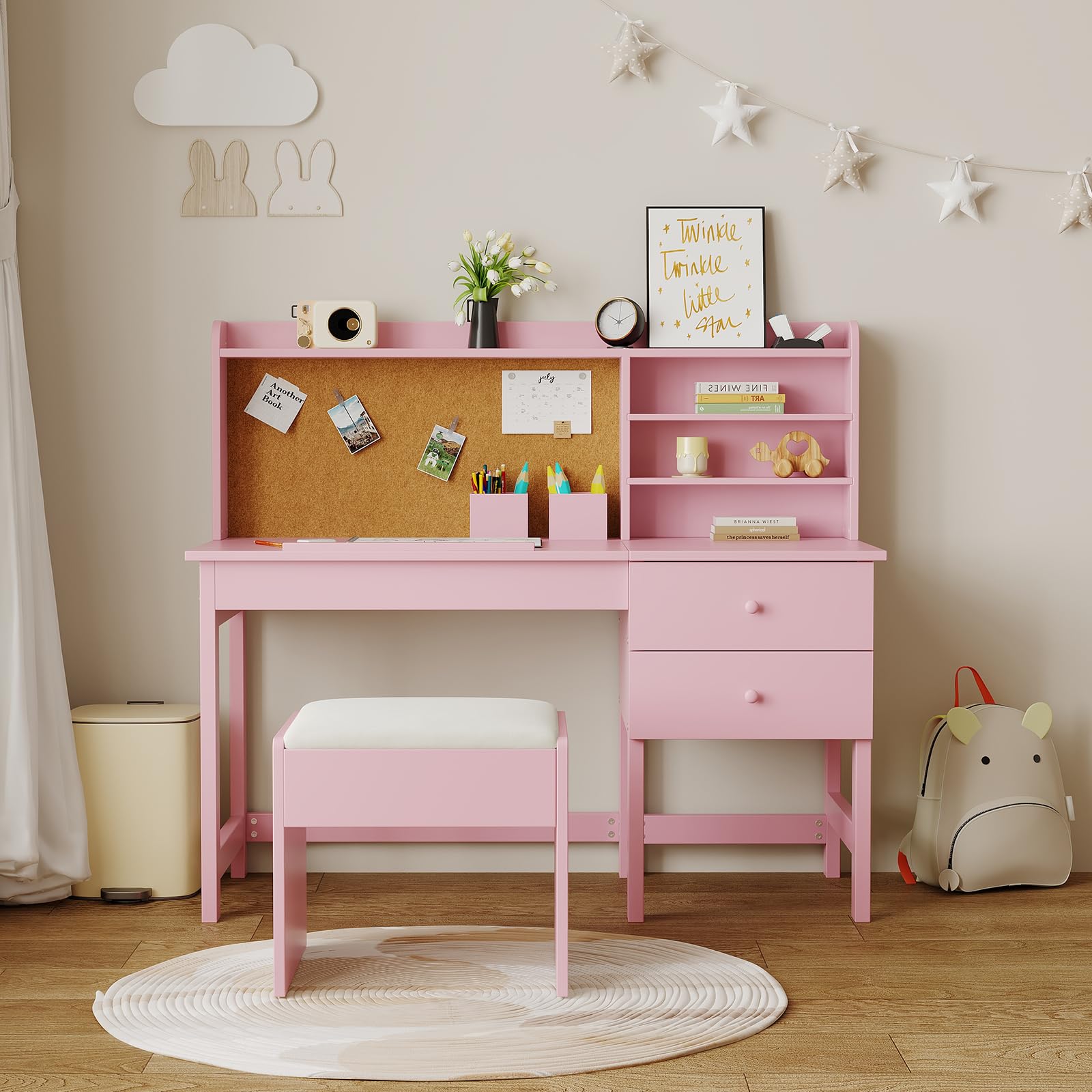 Garvee Kinderschreibtisch mit Hocker Set, Neigungsverstellbare Tischplatte 0-40°, Schreibtisch Kinder mit Pinnwand & 2 Schubladen, Rosa Lerntisch Mädchen für Schreiben Malen Lesen, MDF