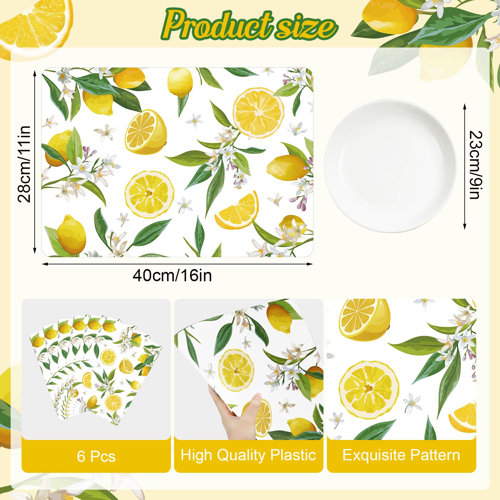 Produktbild von 6er-Set Platzdeckchen 43,5x28,3 Cm – Abwischbare Tischsets Mit Zitronen- & Grapefruit-Motiv, Bunte Kunststoffunterlagen Für Sommerdeko In Küche & Garten