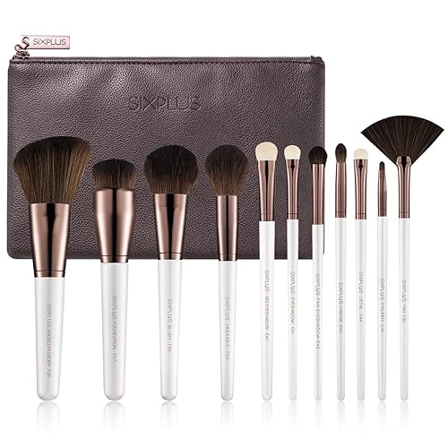 SIXPLUS Juego de brochas de maquillaje de viaje profesional con estuche, 11 brochas de maquillaje de color blanco perlado para base, corrector de