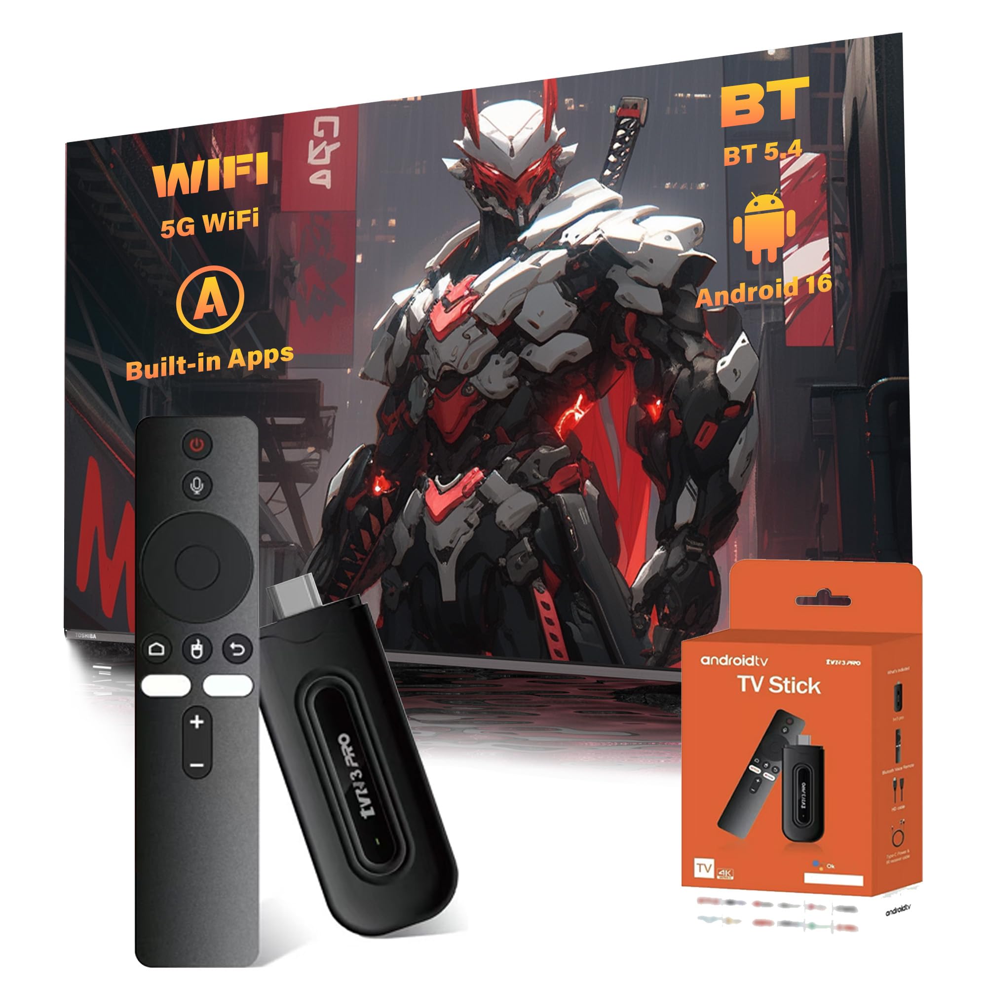 TV3 Pro Android 16.0 TV Stick, Stick Inteligente 4K HD para TV, H313 Quad-Core, WiFi 2.4GHz + 5GHz, Mando a Distancia por Voz Bluetooth, Dispositivo de TV por Internet Android para Hogar/Viajes