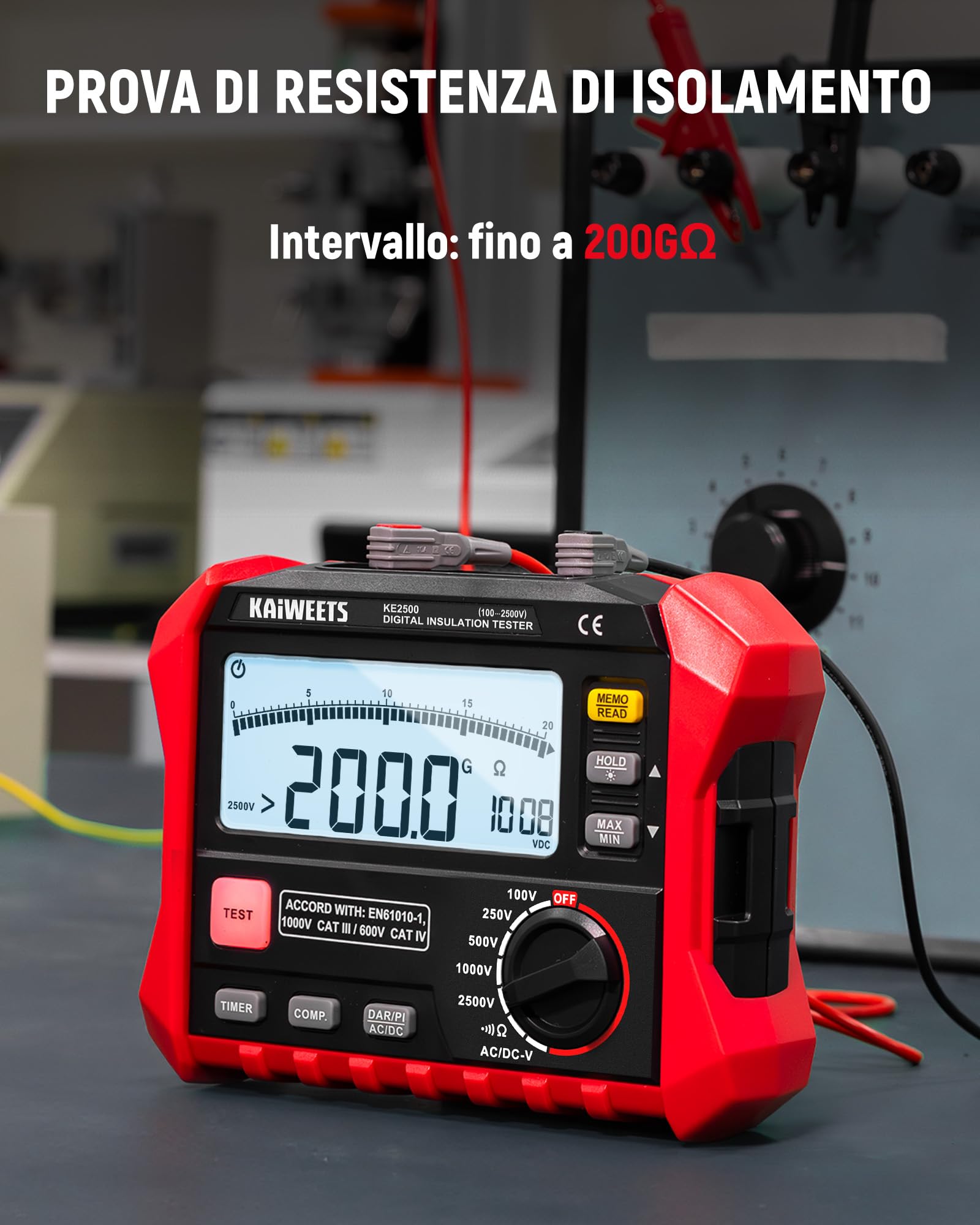 KAIWEETS Tester di Resistenza di Isolamento, Fino a 200 GΩ, Megohmmetro Professionale, 5 Gamme 100 V/250 V/500 V/1000 V/2500 V, DAR/PI One-Toch, Max/Min, Misura Resistenza, Tensione CA/CC