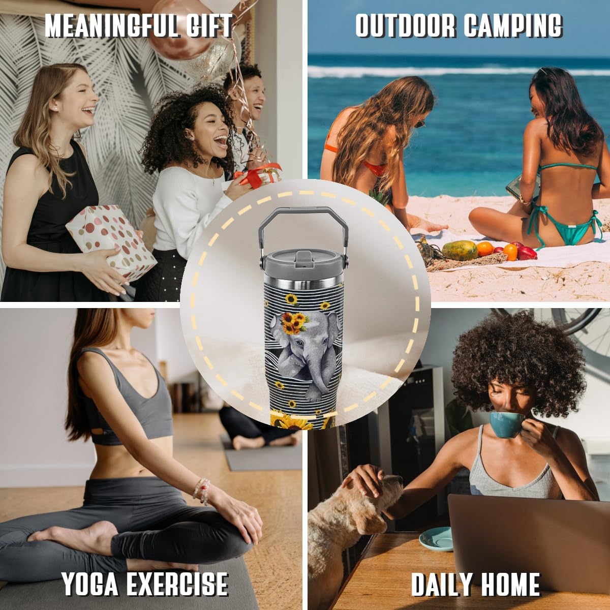 Elephant Sunflower Tumbler with Handle and Flip Straw Elephant Cup Insulated Leak Proof Coffee Travel Mug Water Bottle Elephants Gifts for Women Christmas Mothers Day Birthday-30 oz(1PCS) - Image 7