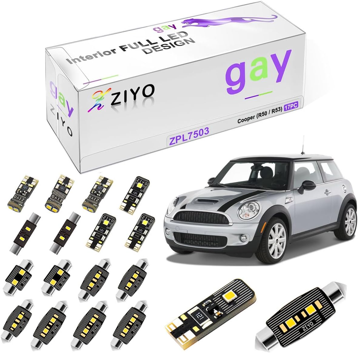 ZIYO ZPL7503- LED Interior Light Kit for MINI COOPER Mini ONE R50 R53 2001-2007 Dome Light Bulbs Replacement Package, 6000K Xenon White LED Lights Accessories Upgrade Error Free (17 Bulbs)