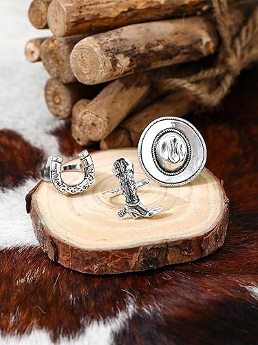 Miniatura 2 de Anillos vintage para mujer, 3 unidades, plateado, estilo occidental, bohemio, apilables, sombrero de herradura, estilo vaquero, tamaño 8 (0.71