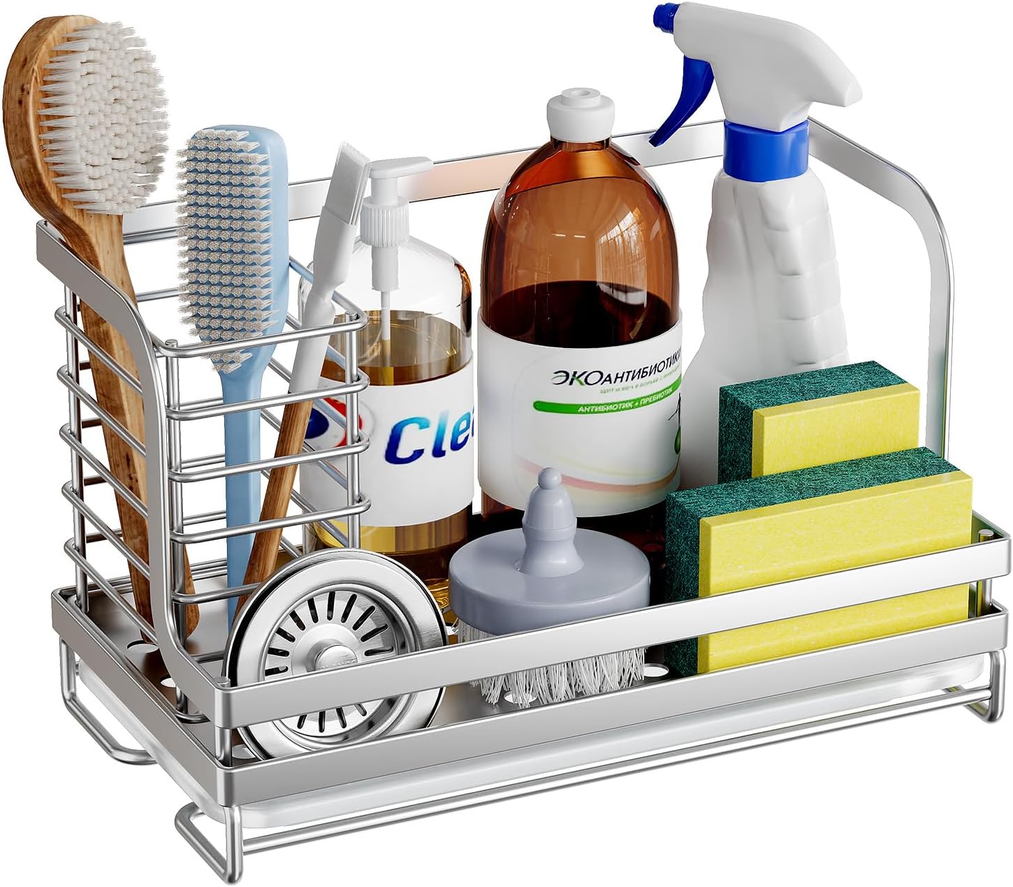 ODesign Large Kitchen sink Organizer Caddy Sponge Scrubber Brush Dishrag Dishcloth Holder Rack with Drain Pan Tray Countertop Stainless Steel Rustproof