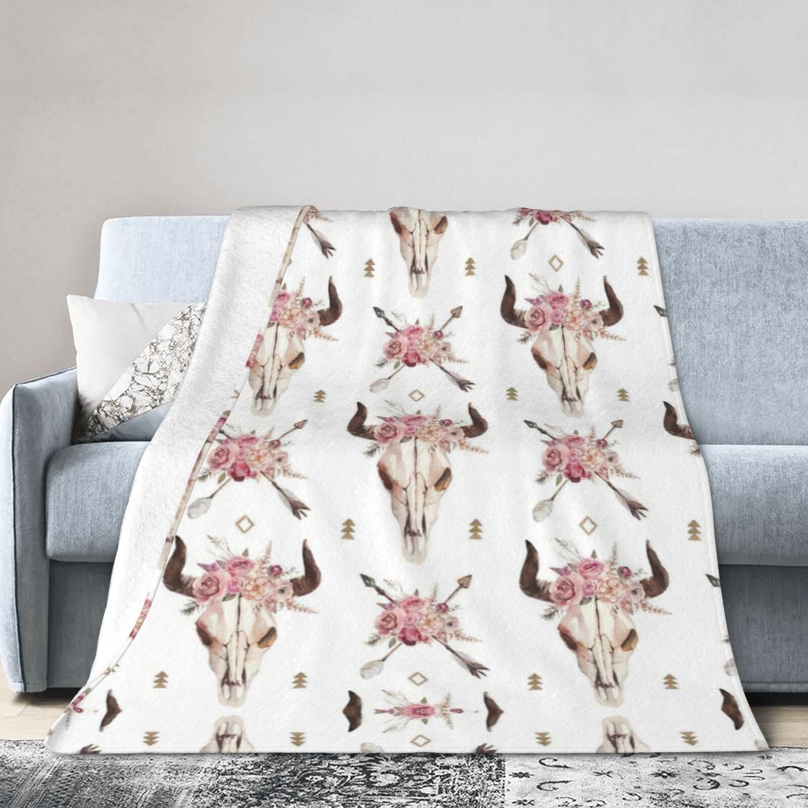 Soft Cosy Fleece Warm Throw Tribal Bull Skull On White Print Blanket