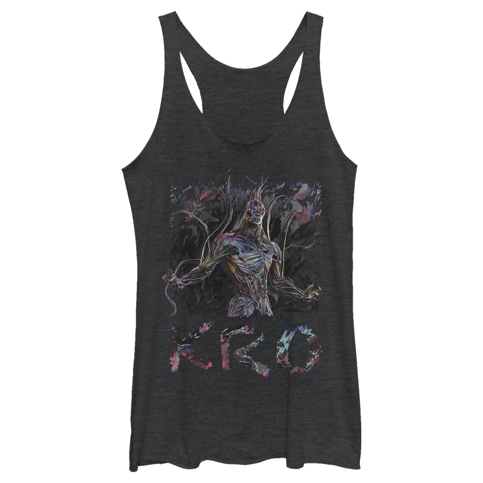 Marvel Junior's Eternals Camo Kro Tri-Blend Racerback Layering Tank, Black Heather, Medium