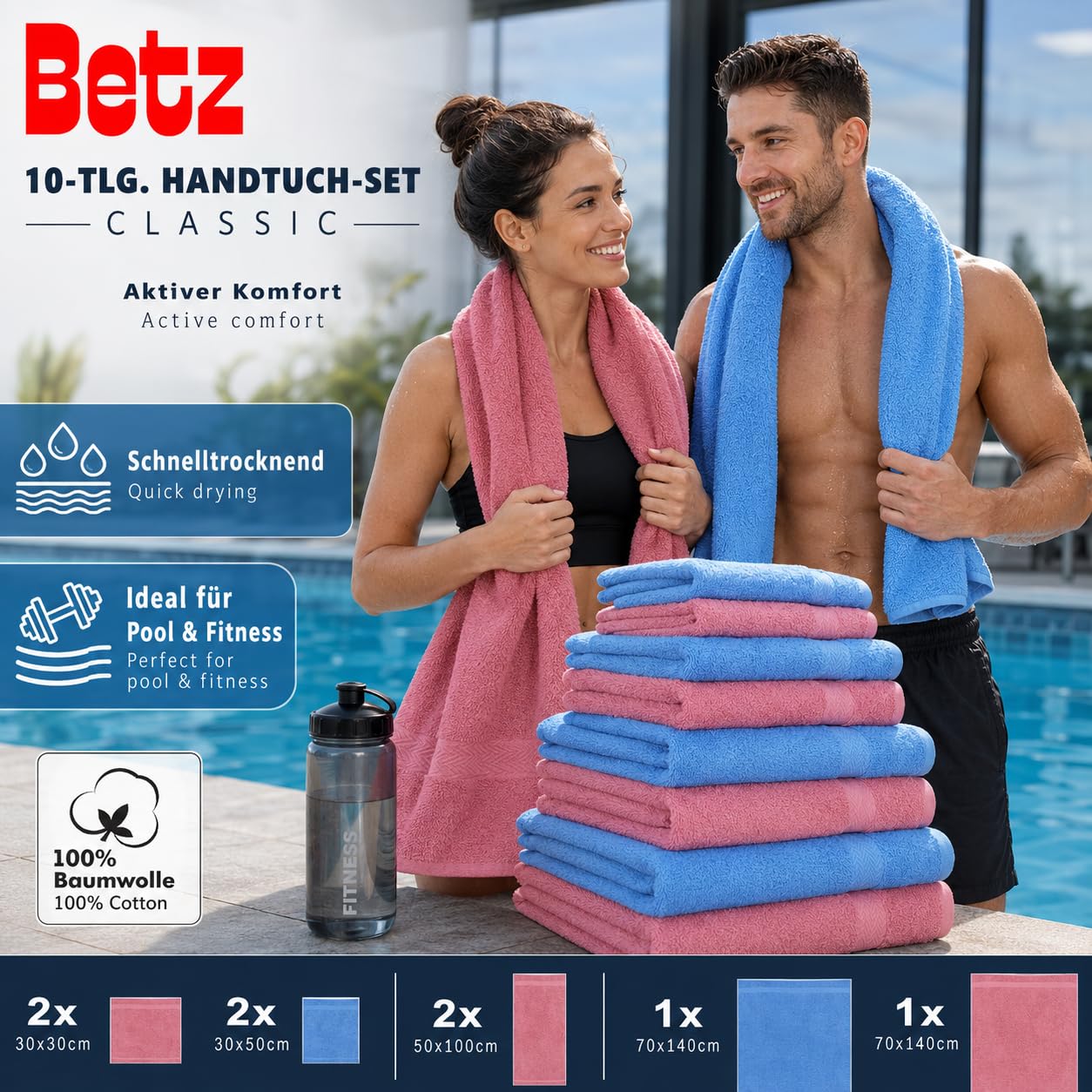 Betz 10-częściowy zestaw ręczników Classic 2 ręczniki do twarzy 30 x 30 cm 2 ręczniki dla gości 30 x 50 cm 4 ręczniki do rąk 50 x 100 cm 2 ręczniki kąpielowe 70 x 140 cm 100% bawełna kolor stary różowy i jasnoniebieski