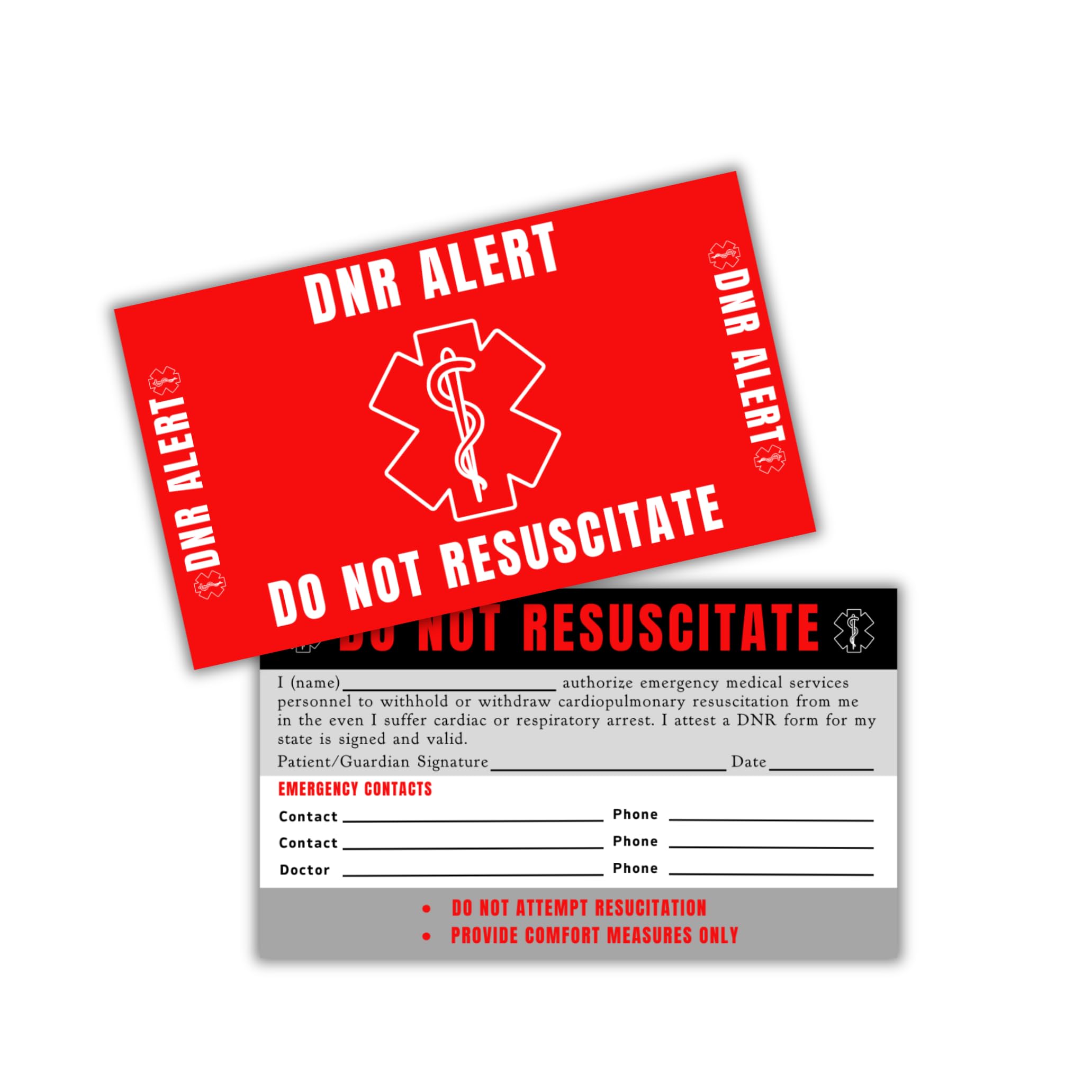 DNR Do Not Resuscitate Plastic Wallet Sized Card 5pk 2x3.5” ICE Emergency Contact Elderly Instructions Quick Reference for EMT Medical Personnel Directive