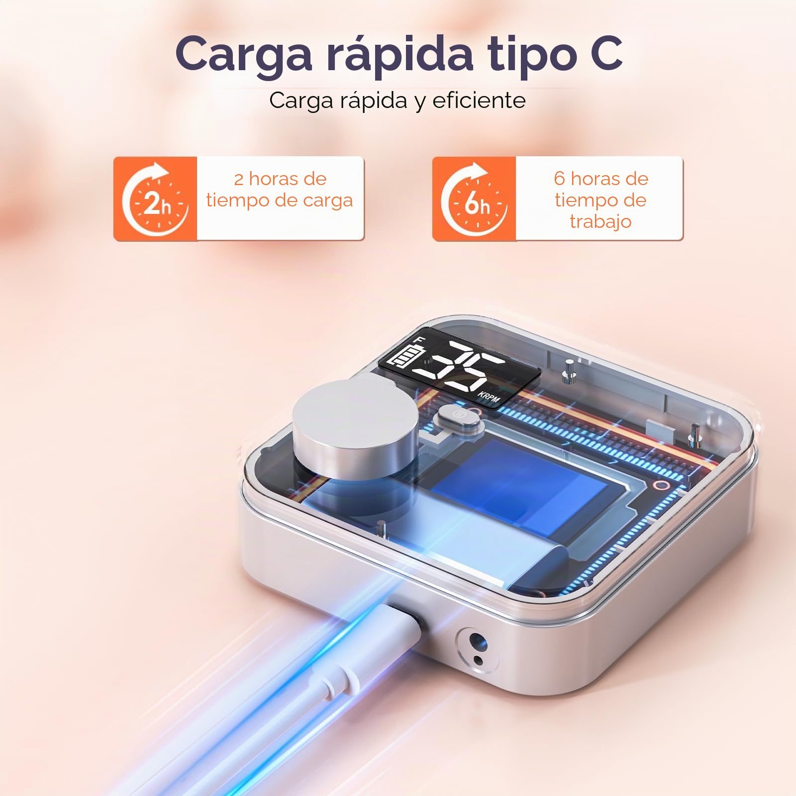 Delanie torno para uñas inalámbrica profesional 35000 RPM, lima de uñas eléctrica recargable con pausa bonton para manicura y pedicura | Manicura de uñas acrílicas con 7 brocas para uso doméstico y salón recargable