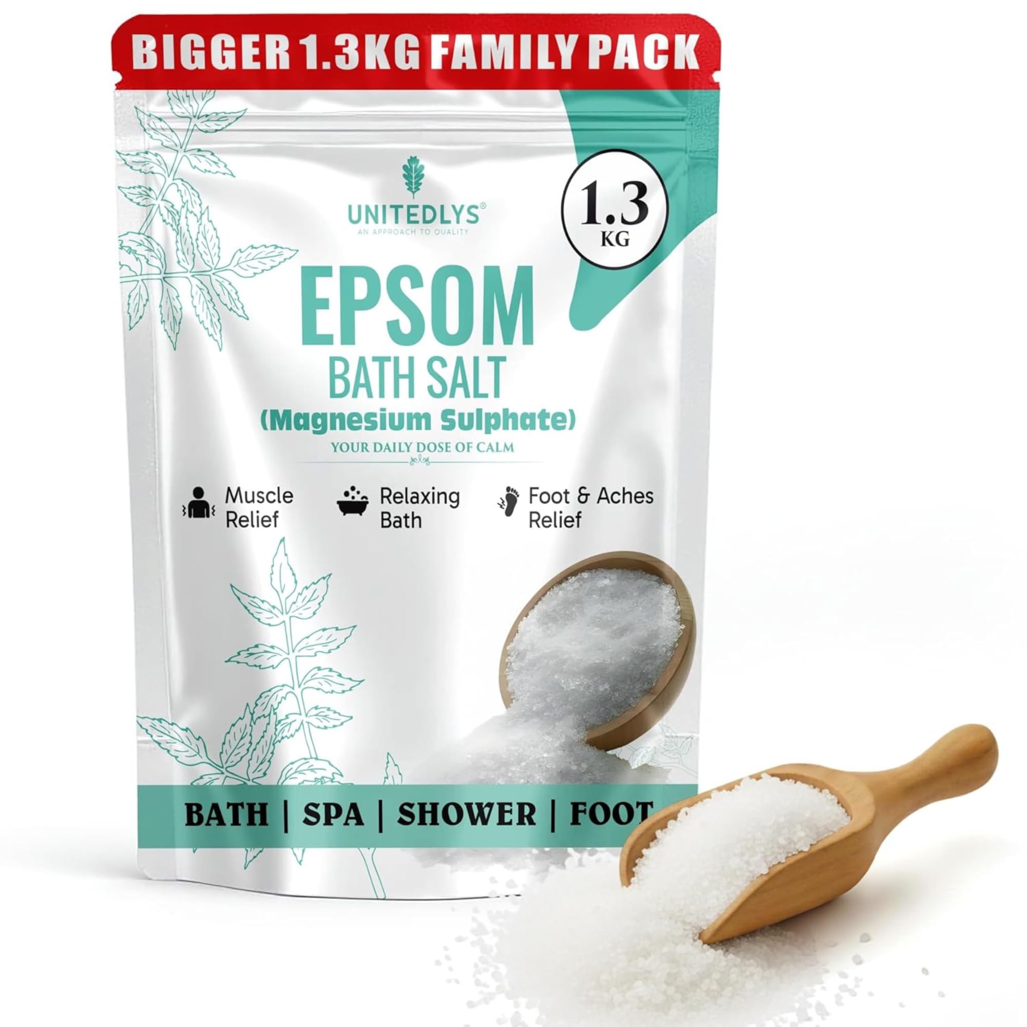 Epsom Bath Salt for Pain Relief Crystal 1.3Kg | 100% Pure Epsom Salt for Bath, Detox & Relaxation | Reduces Soreness, Swelling & Stress | Ideal Epsom Salt for Foot Soaks & Full-Body Baths