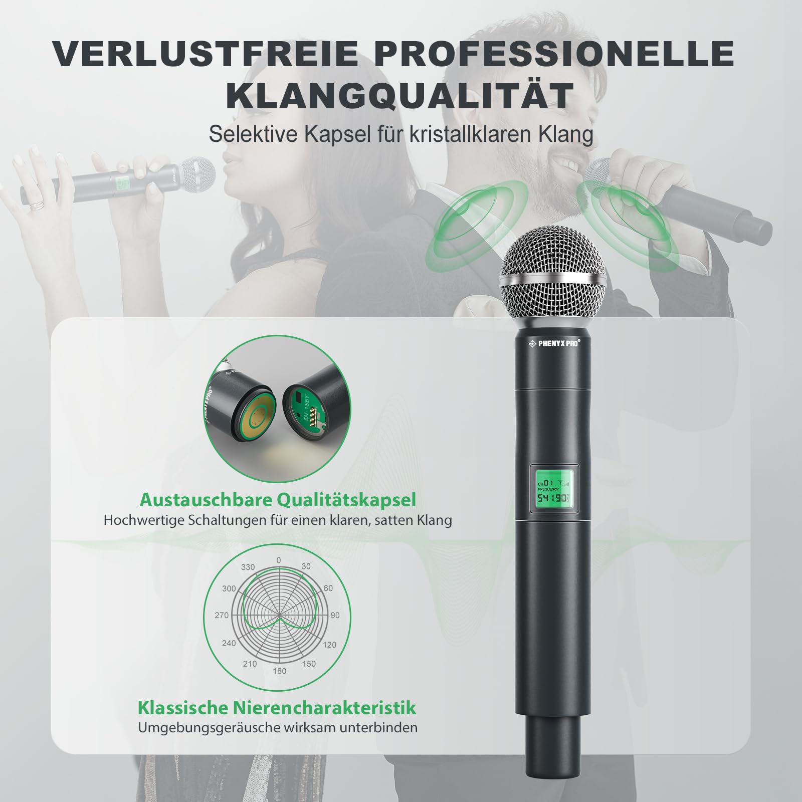 Phenyx Pro Mikrofon kabellos,4-Kanal Karaoke Mikrofon,Kabelloses Festfrequenz-Metall-Funkmikrofon mit 4 Handmikrofonen für Gesang, Kirche, DJ (PTU-5000A)