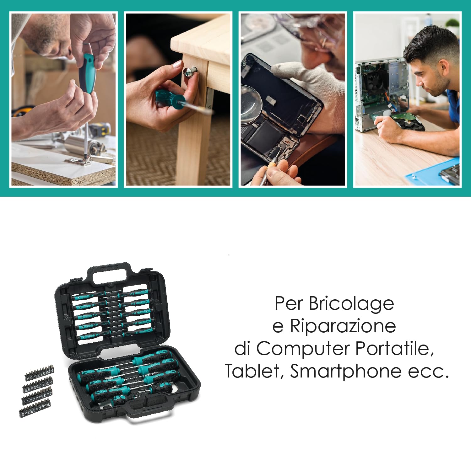 Set Cacciaviti Magnetici Precisione, 58 Pezzi Professionali per Bricolage e Riparazioni, Taglio Croce Torx, Compatibile con Laptop Tablet Smartphone