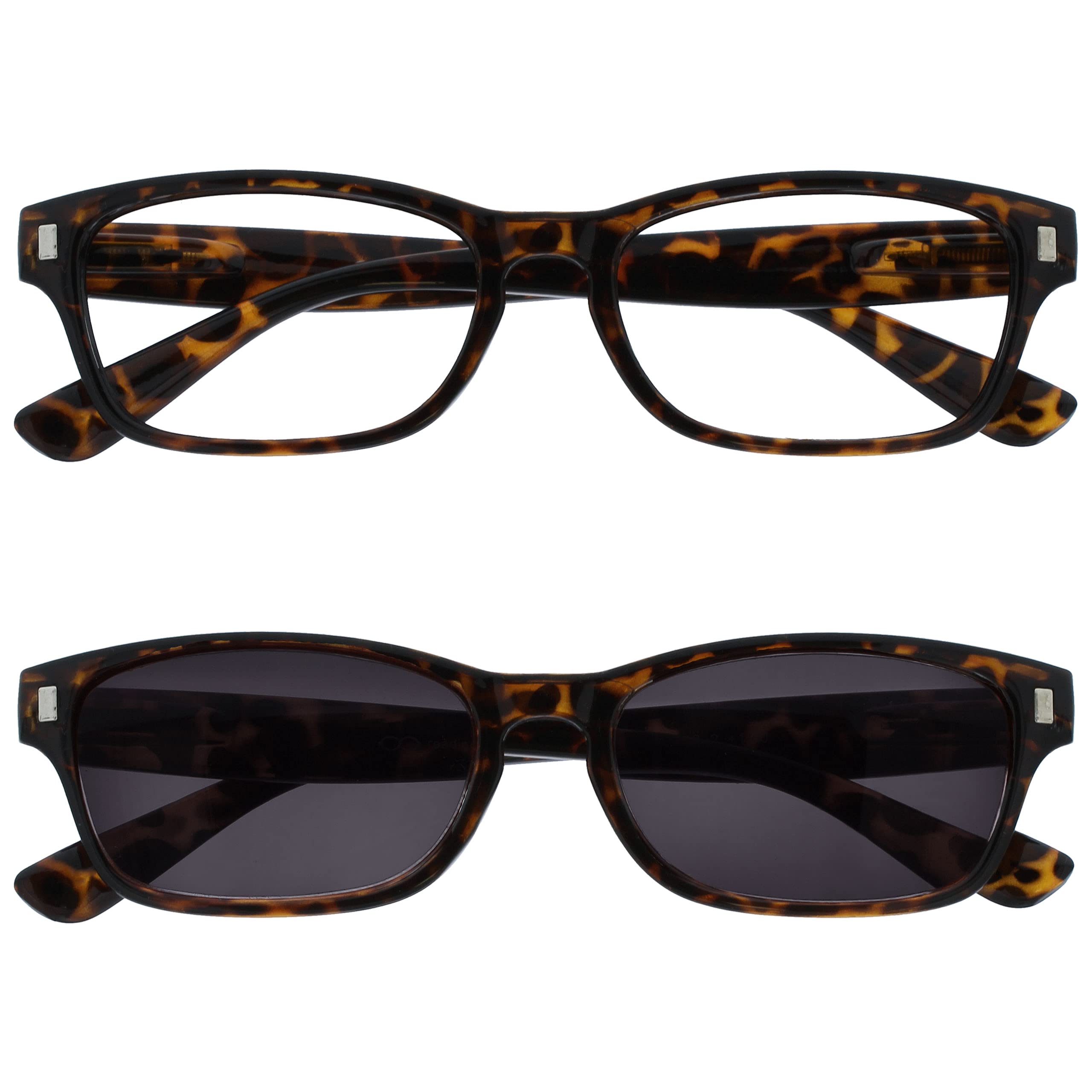 OPULIZE NIX Reading Glasses for Women Men With Reading Sunglasses - 2 Pack - Vintage Rectangular Designer Frame - Clear and Tinted UV400 Protection Lens - Brown Tortoiseshell +2.00