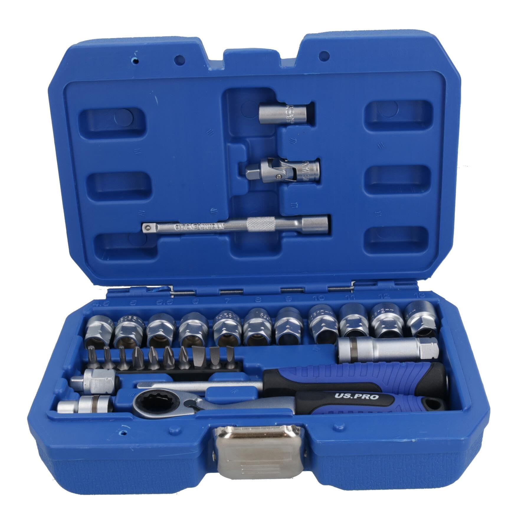 Llave de vaso métrico de paso de 1/4 pulgadas + juego de accesorios 4,5-13 mm, 29 piezas