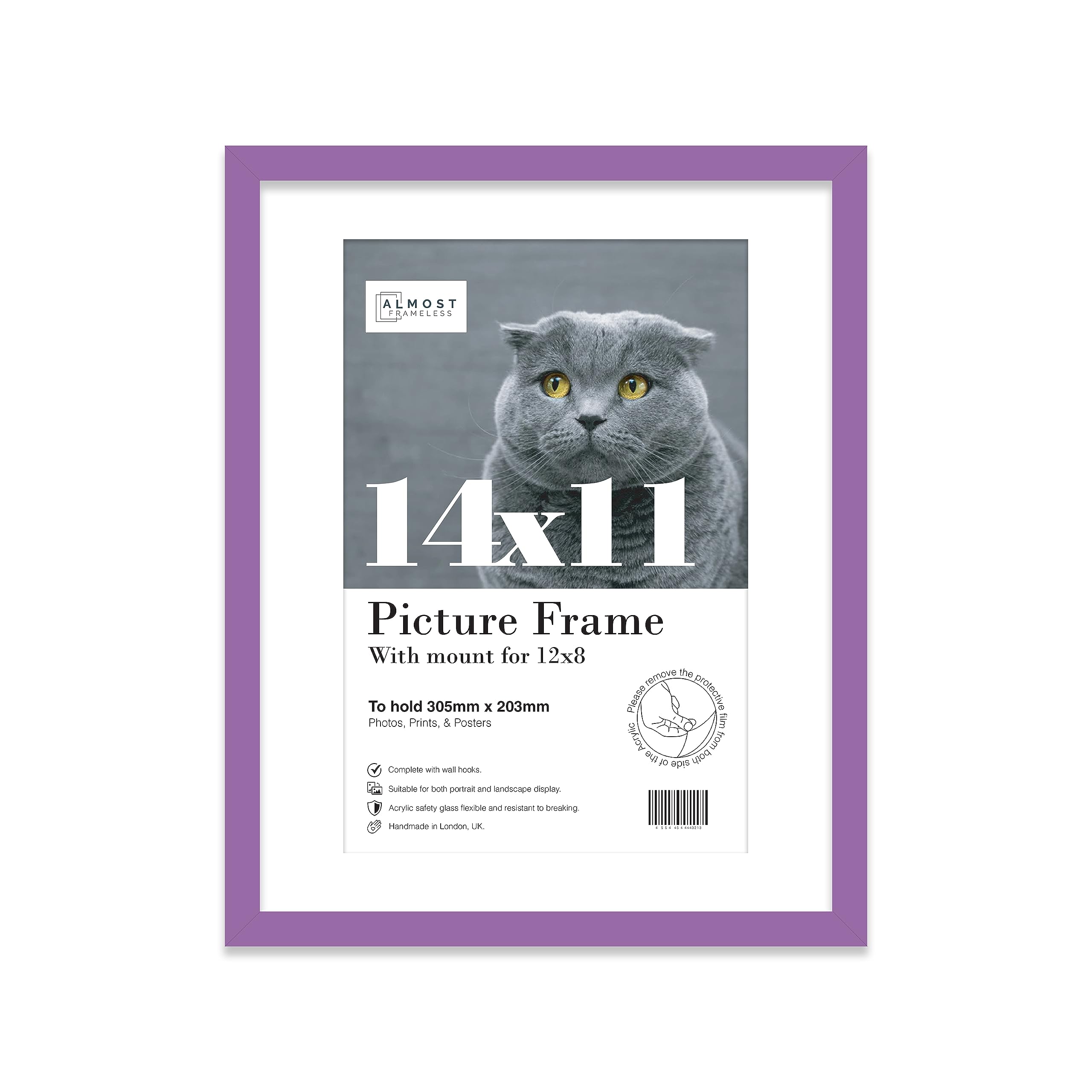 Almost Frameless 14x11 Purple Picture Frame With Mount for 12x8 Print, Poster or Photo Poster, Photo, Artwork, or Print. Thin Edge Slim Frame Portrait and Landscape Display with Wall Hooks