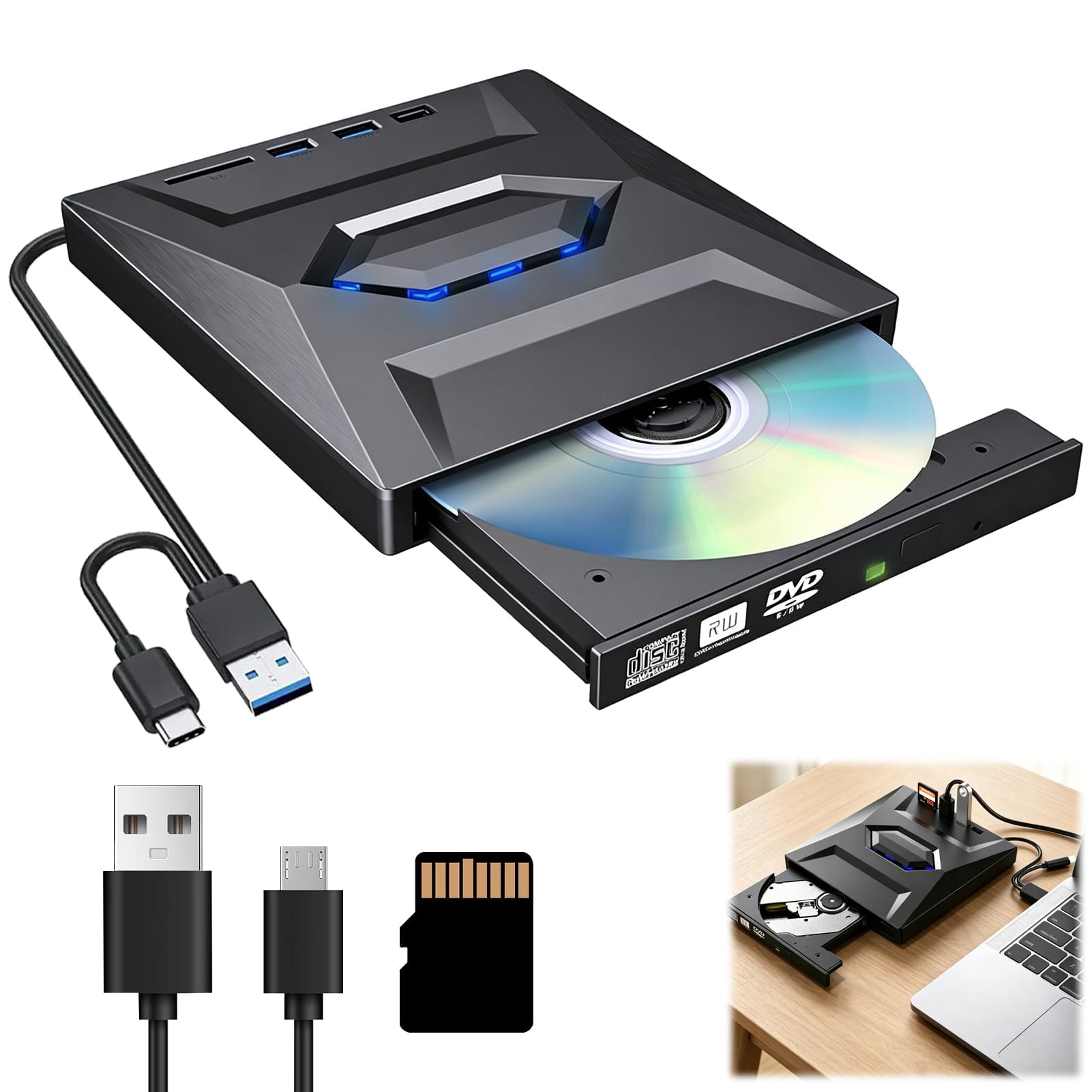Lector CD Externo y Lector DVD Externo USB 3.0 USB C, Grabadora DVD Externa Portátil con Lector SD TF y 3 Puertos USB, Reproductor DVD para PC Laptop Mac Windows Linux