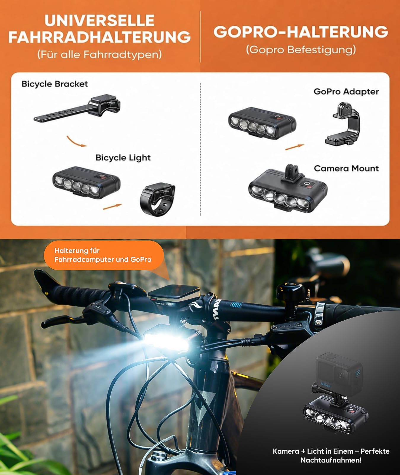 Fahrradlicht Set mit StVZO Zulassung, 3 LED Frontlicht Blendfrei & Rücklicht mit Bremslichtfunktion, USB-C Aufladbar, IP65 Wasserdicht, Halterung Kompatibel mit GoPro & Fahrradcomputer für MTB E-Bike