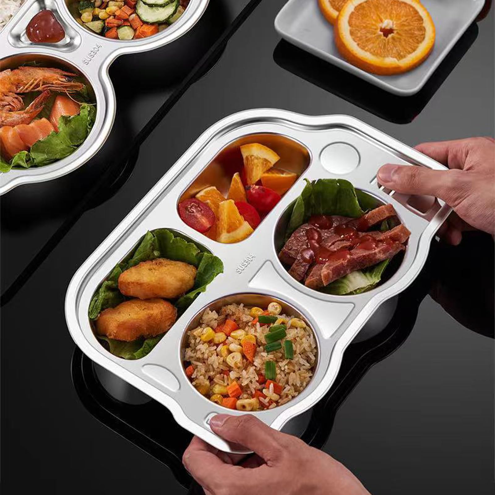 Yanhalo 2 Pack Divided Plate, 5 Sections 304 Stainless Steel Divided Dinner Tray for Adults Kids, Campers - Image 4