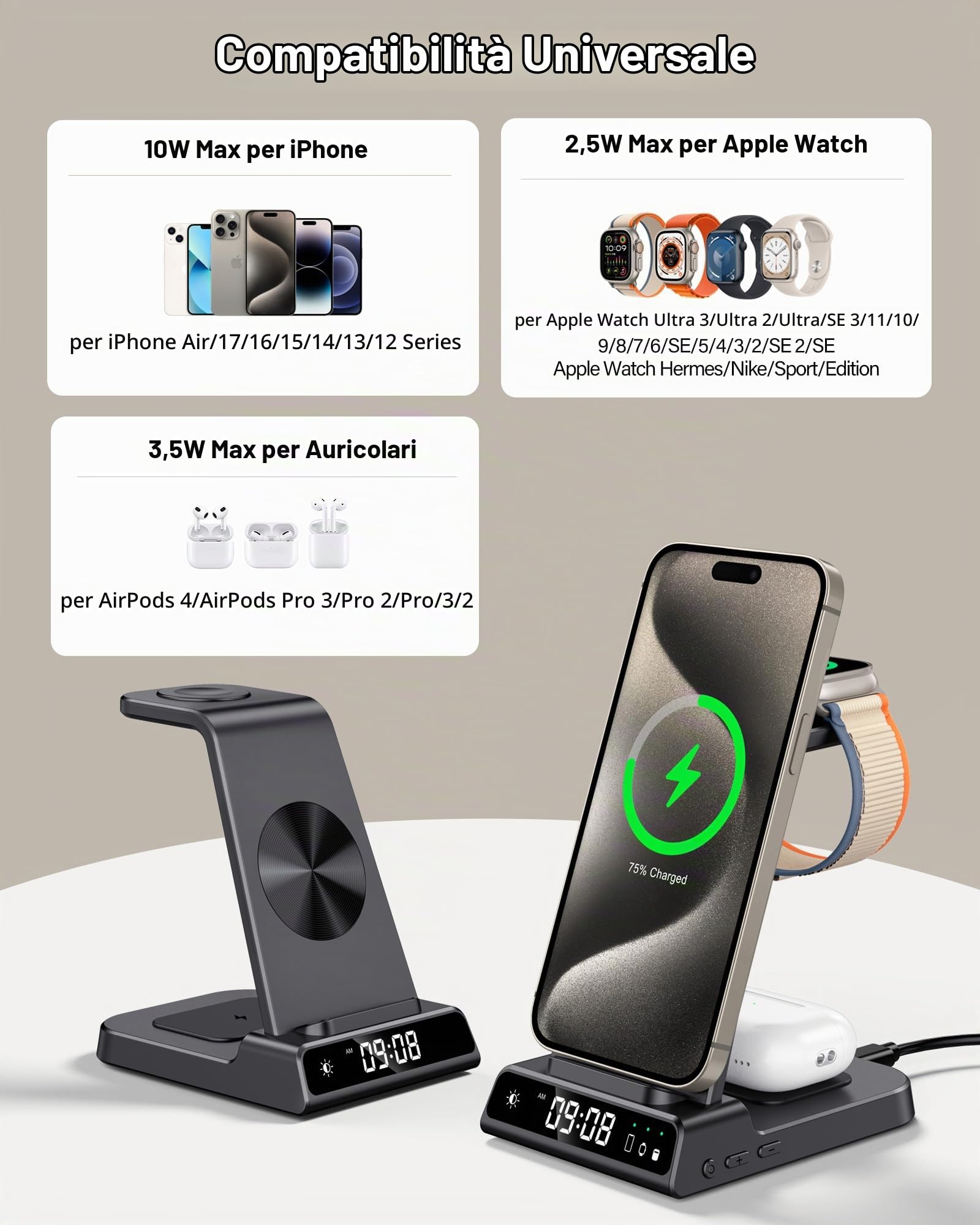 Caricatore Wireless per iPhone Air/17/16/15/14/13/12, 3 in 1 Stazione Ricarica compatibile con Apple Watch 10/Ultra 2/9/8/7/6/5/4, Air Pods 4 (Senza Adattatore)