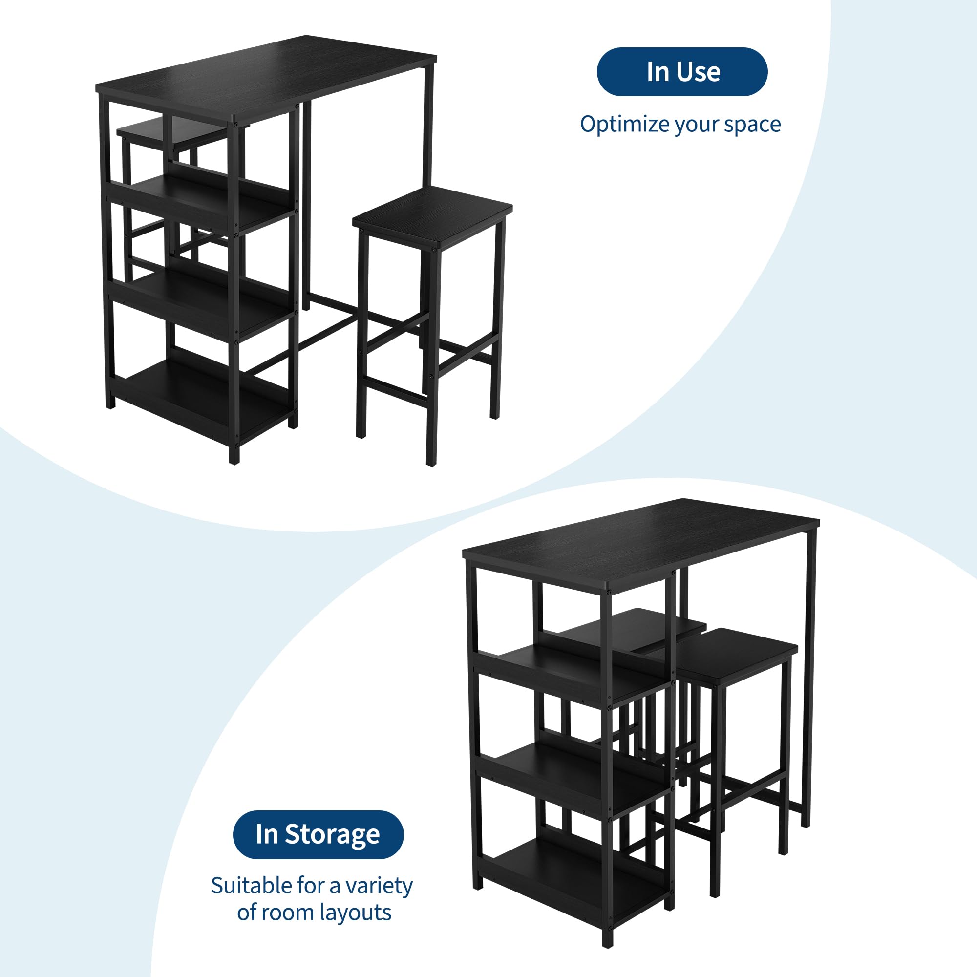 3-teiliges Esszimmer-Set – Moderner Esstisch mit Metallgestell & Holzoptik, 2 Barhockern, Ablagefächern, platzsparend für Küche, einfache Montage, Schwarz, Black Tube + Black Wood Grain