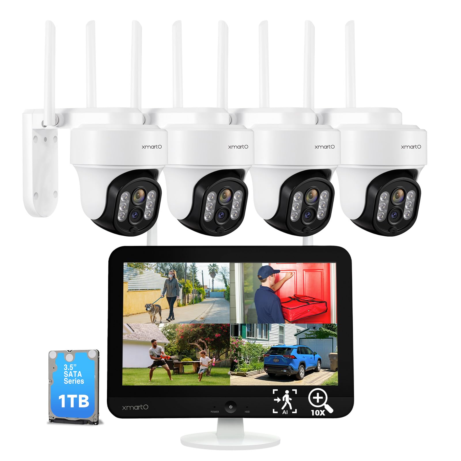 [WiFi 6 i 10-krotny zoom] XMARTO zewnętrzny bezprzewodowy system kamer bezpieczeństwa PTZ z 10-krotnym zoomem i automatycznym śledzeniem AI, kamery z dwoma obiektywami 6 MP, 12-calowy monitor LCD NVR