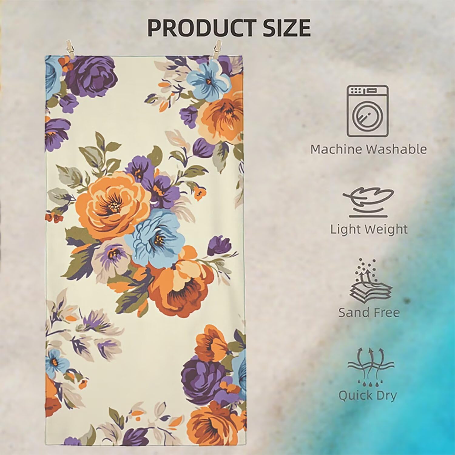 Toalla Playa Microfibra 150x200 Flores Diseño Super Absorbente Sin Arena Toalla Playa, con Cuerda Elástica, Ligero, Hombre, Mujer Ideal Toallas de Baño, Aplicable Gimnasio,Viajes, Natación, Color p361