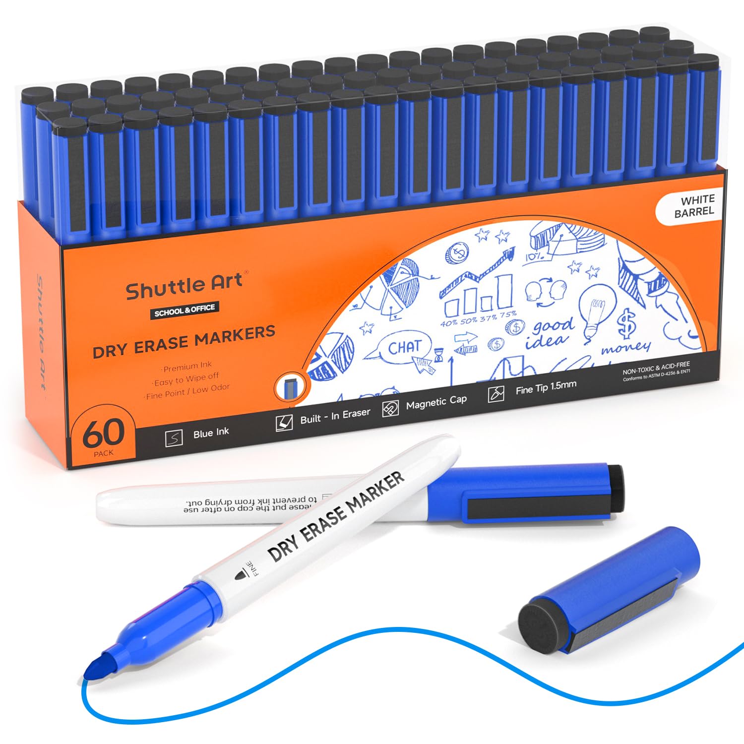 Shuttle Art Blue Dry Erase Markers 60 Pack Magnetic Whiteboard Markers with Erase Fine Point Dry Erase Markers