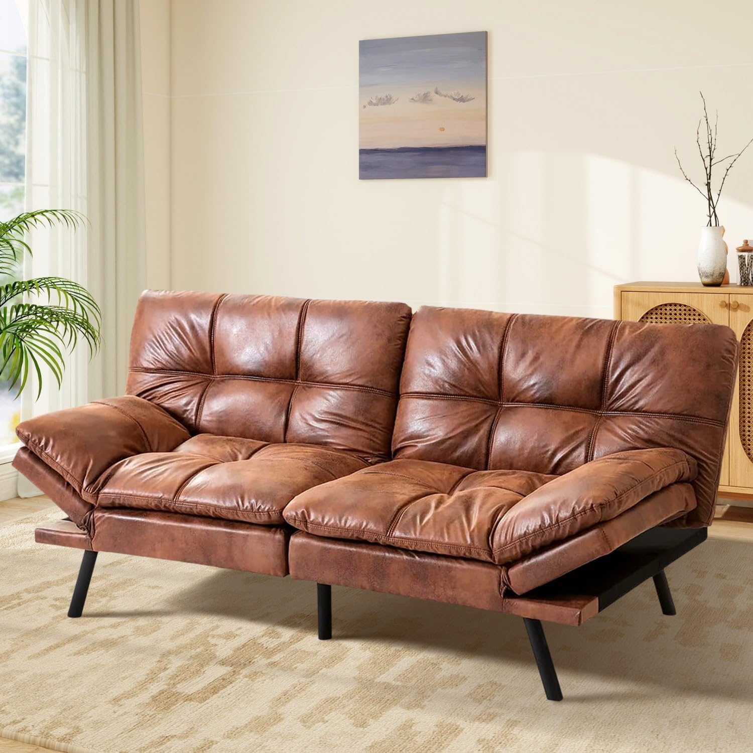 MUUEGM Brown Futon Sofa Bed Leather Memory Foam Modern Office Couch Sleeper Bed Convertible Love seat Sofa for Small Spaces,Apartment,Office with Adjustable Armrest Backrest - Amazon product rated Grade C